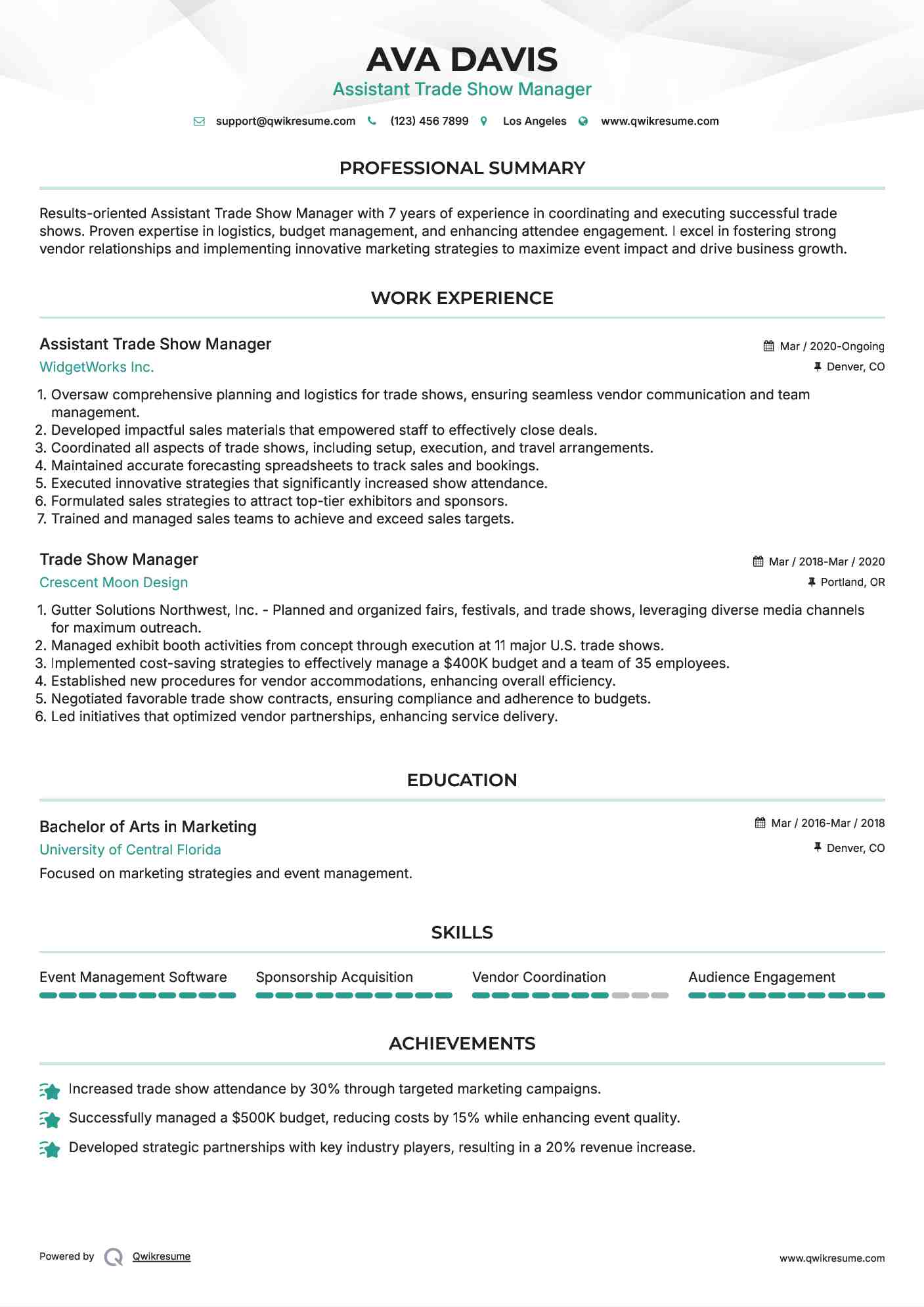 Assistant Trade Show Manager Resume Format