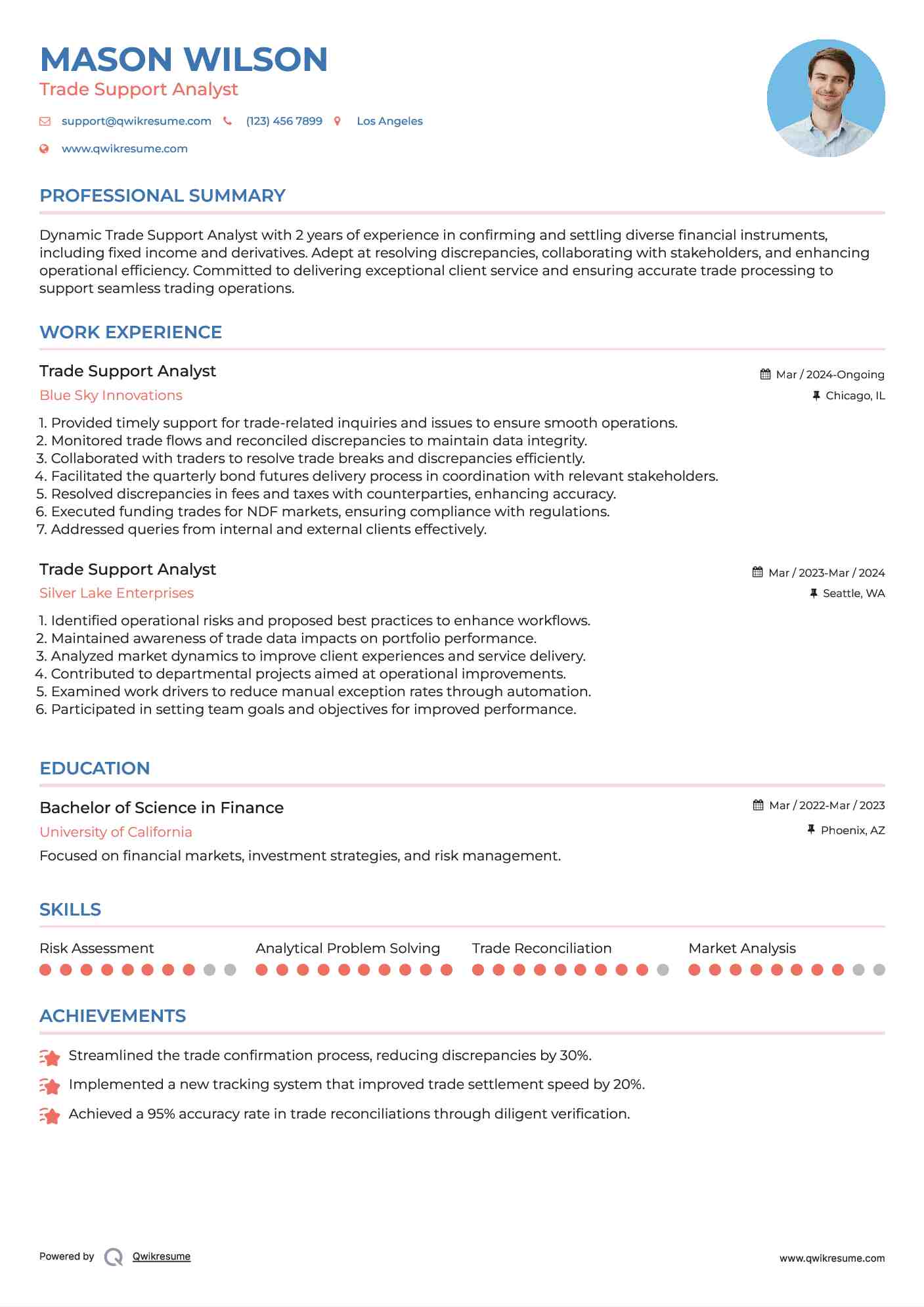 Trade Support Analyst Resume Example