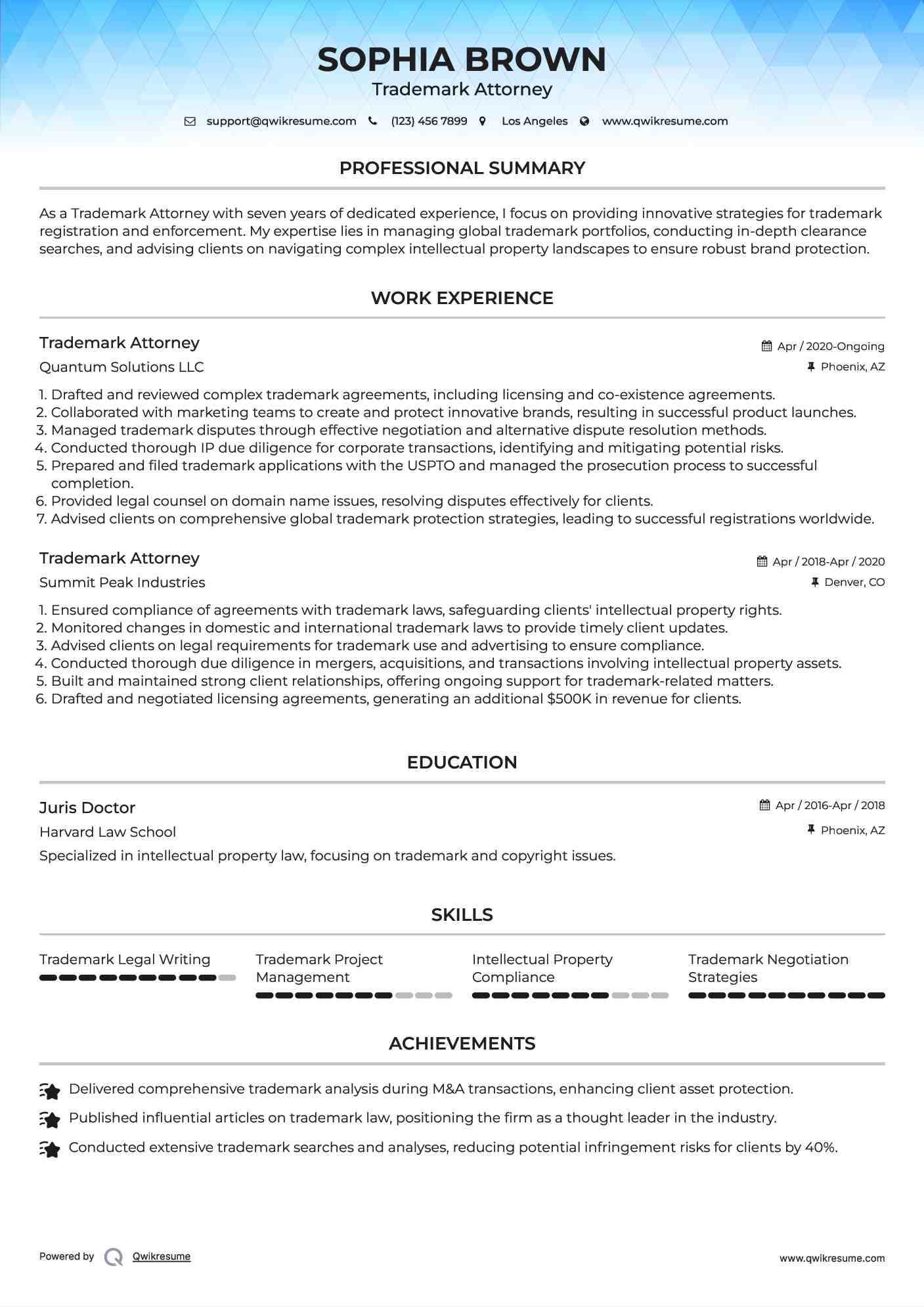 Trademark Attorney Resume Sample