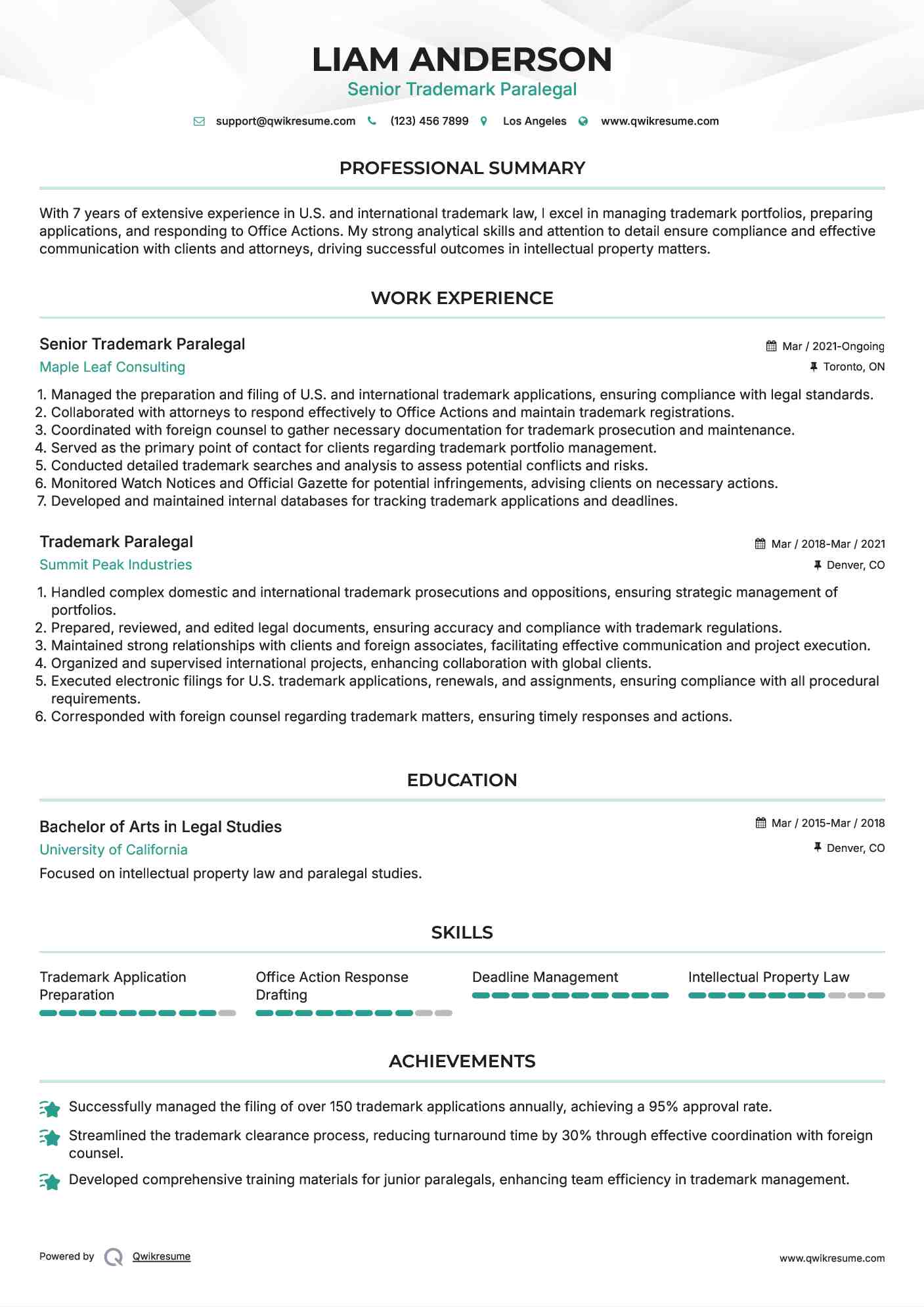Senior Trademark Paralegal Resume Template