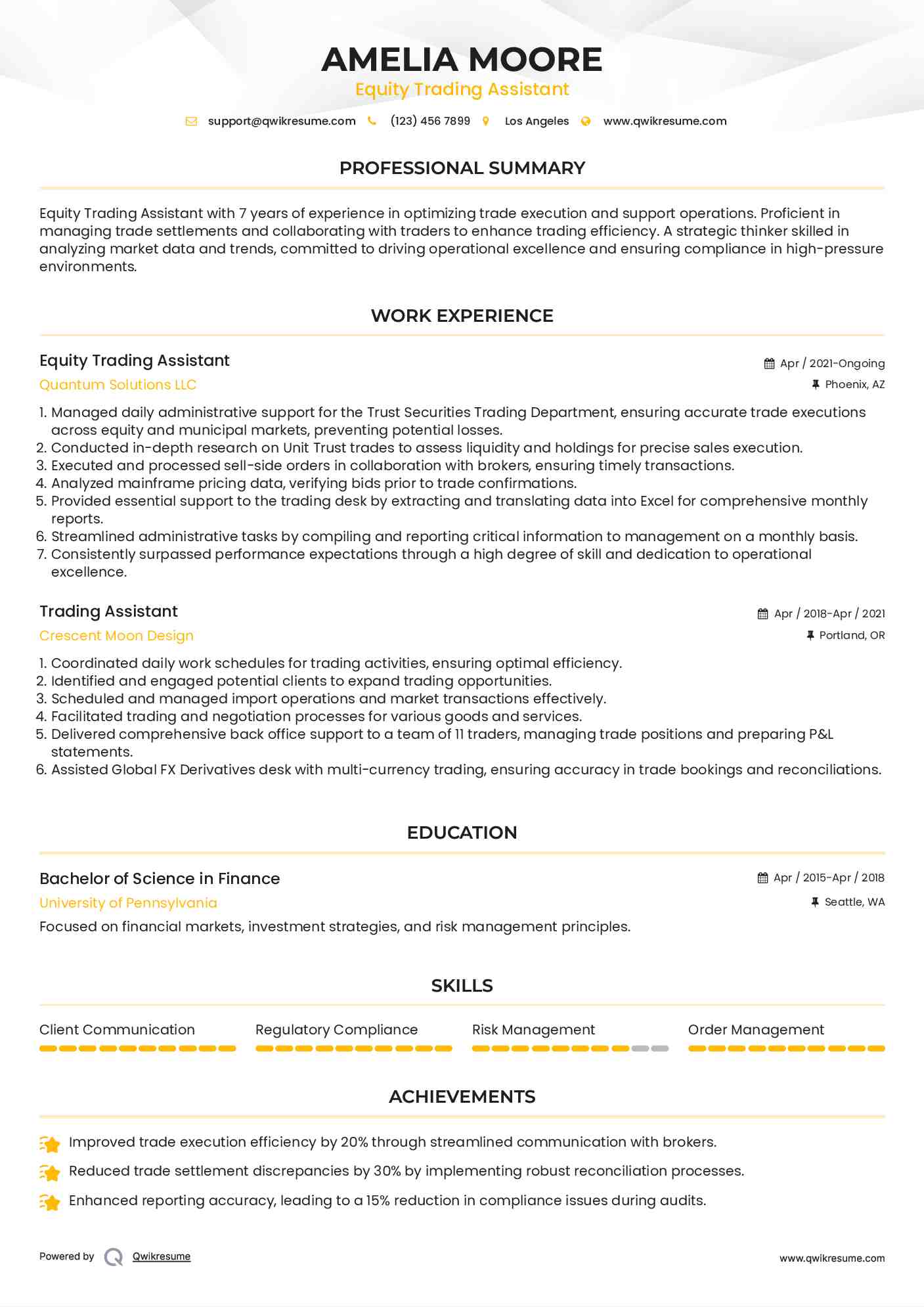 Equity Trading Assistant Resume Model
