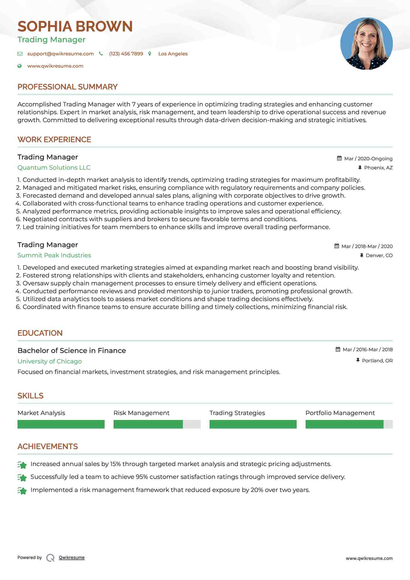Trading Manager Resume Template