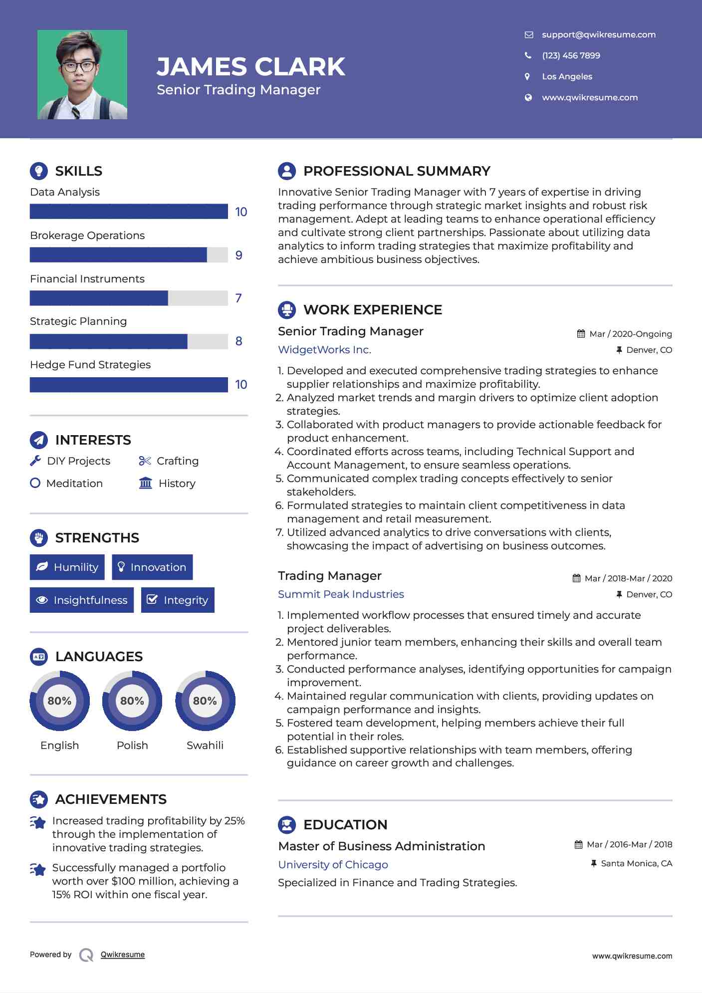 Senior Trading Manager Resume Template