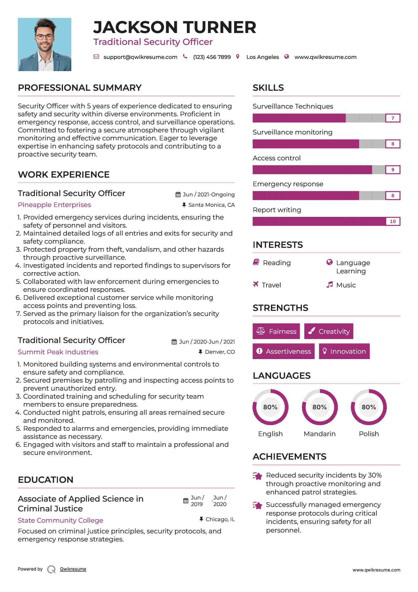 Traditional Security Officer Resume Model