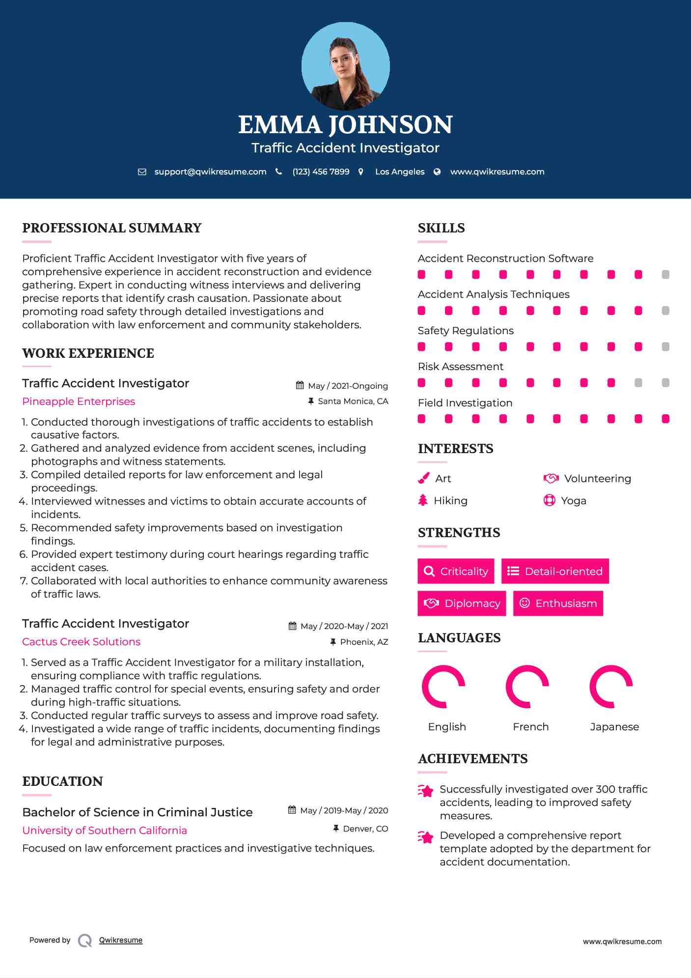 Traffic Accident Investigator Resume Sample