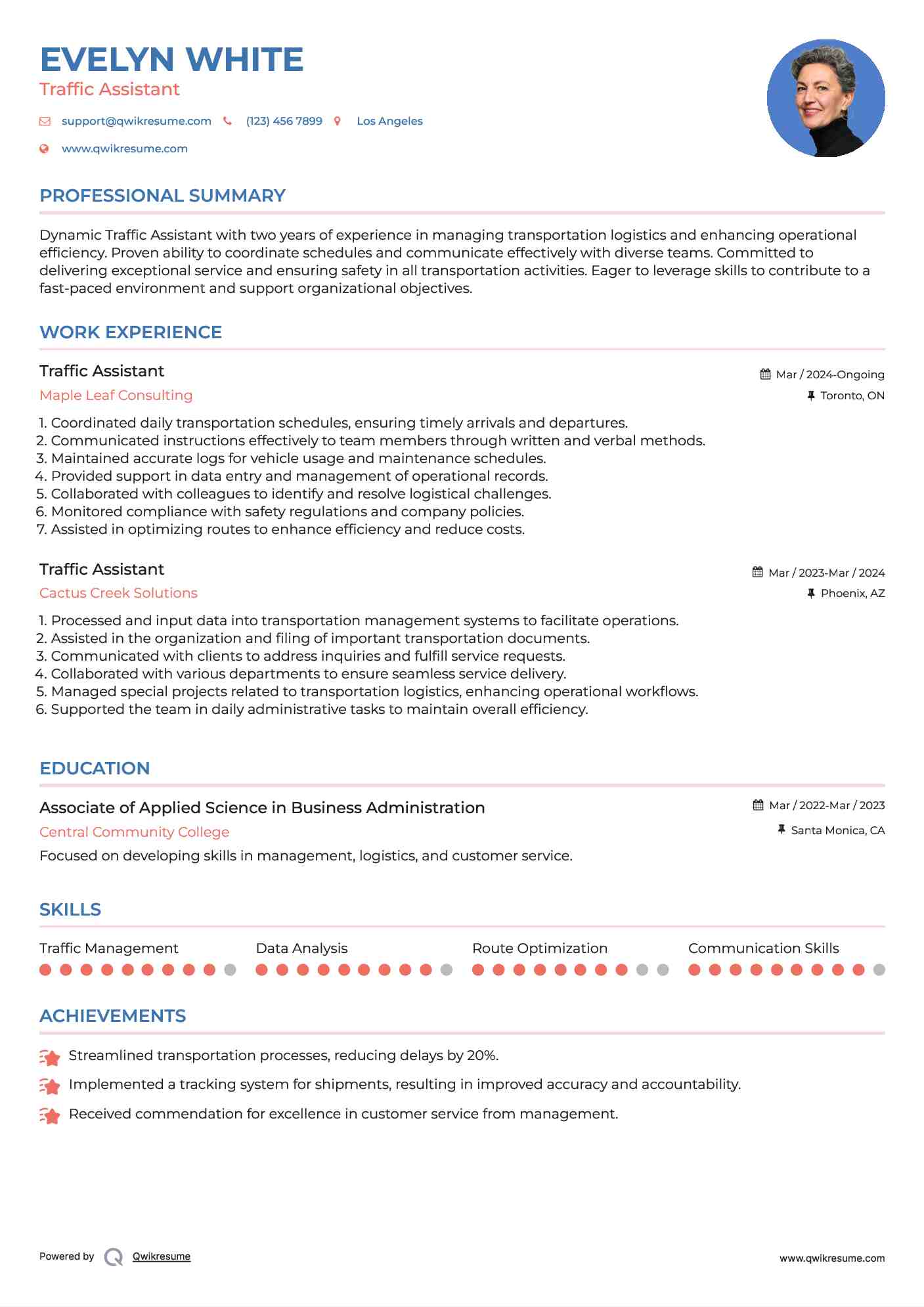 Traffic Assistant Resume Sample