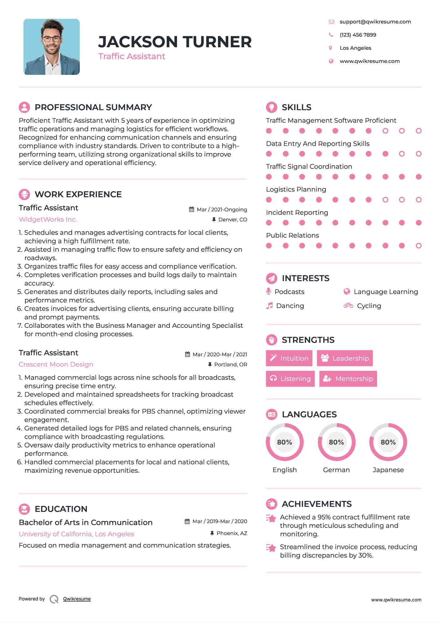 Traffic Assistant Resume Model