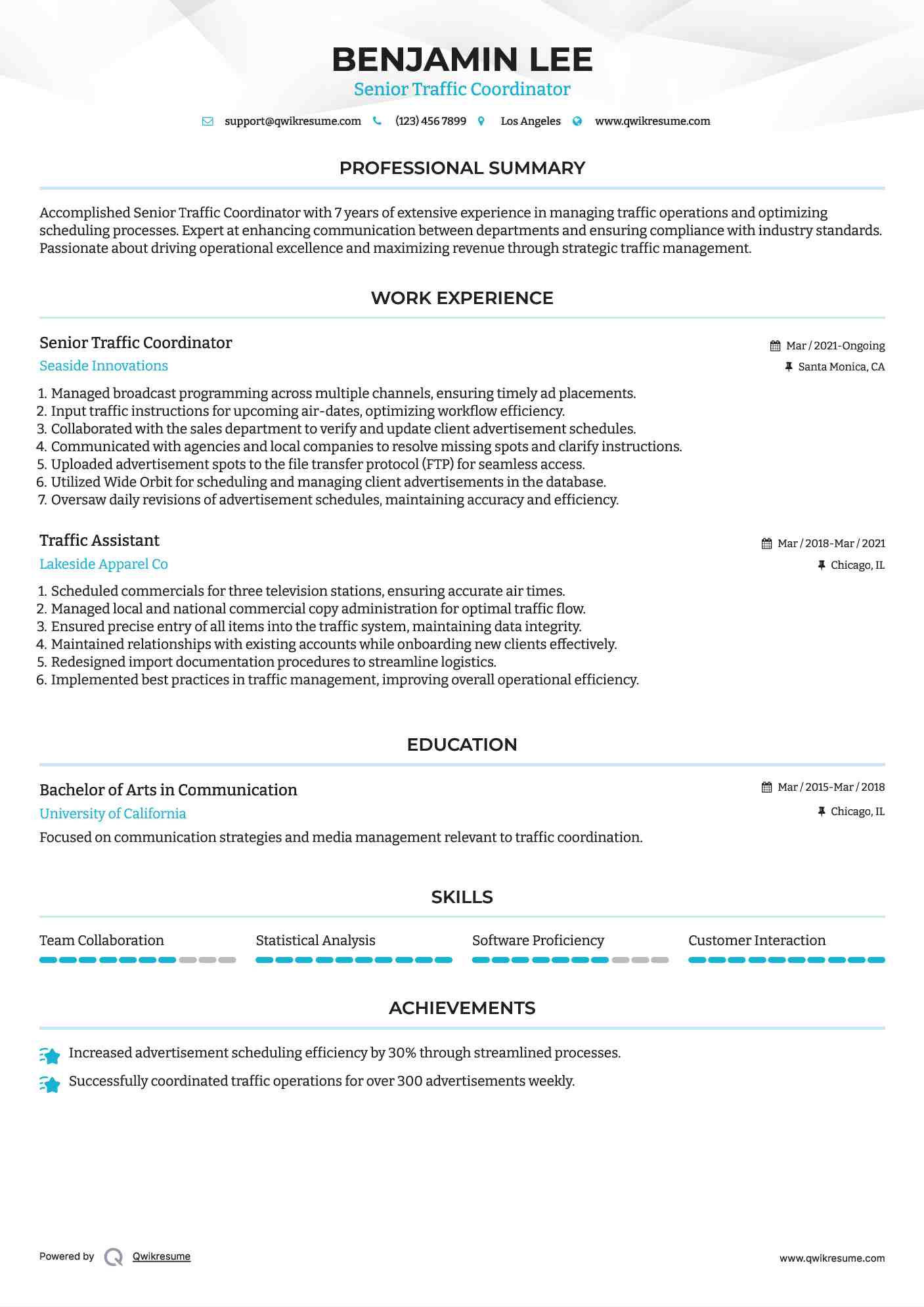 Senior Traffic Coordinator Resume Example