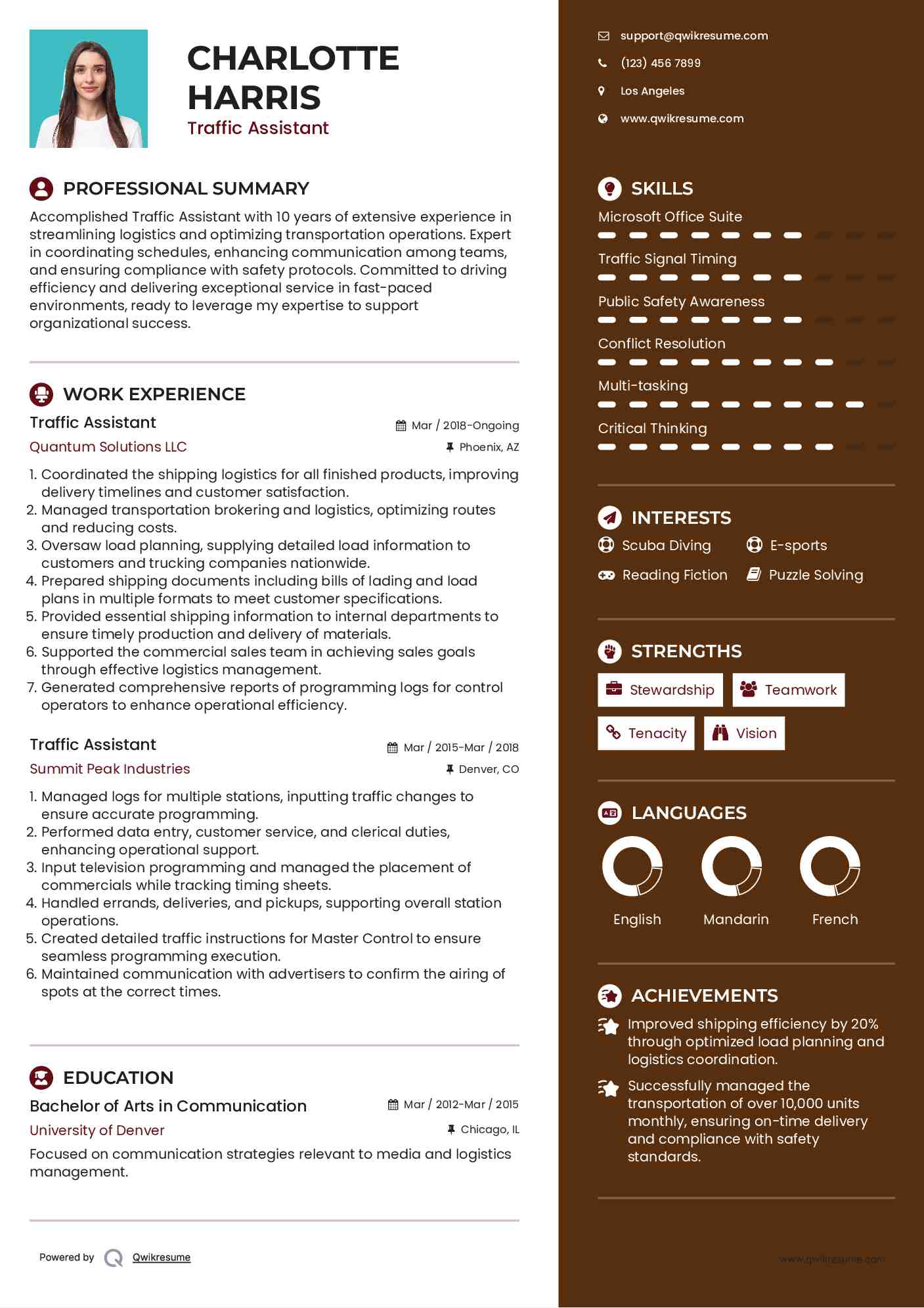 Traffic Assistant Resume Sample