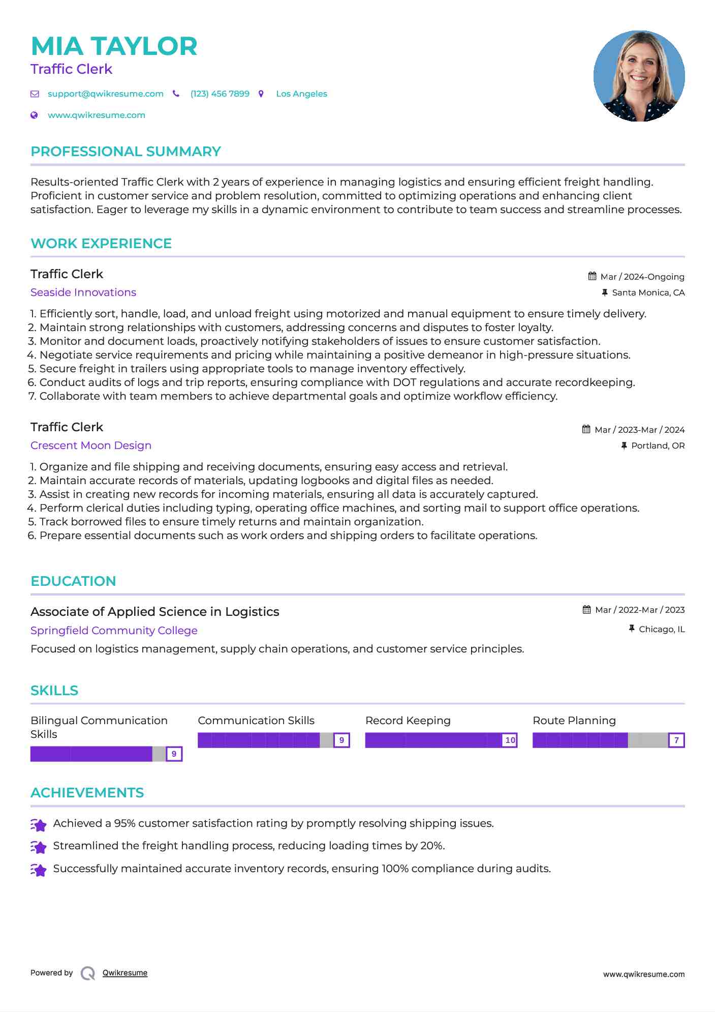 Traffic Clerk Resume Model