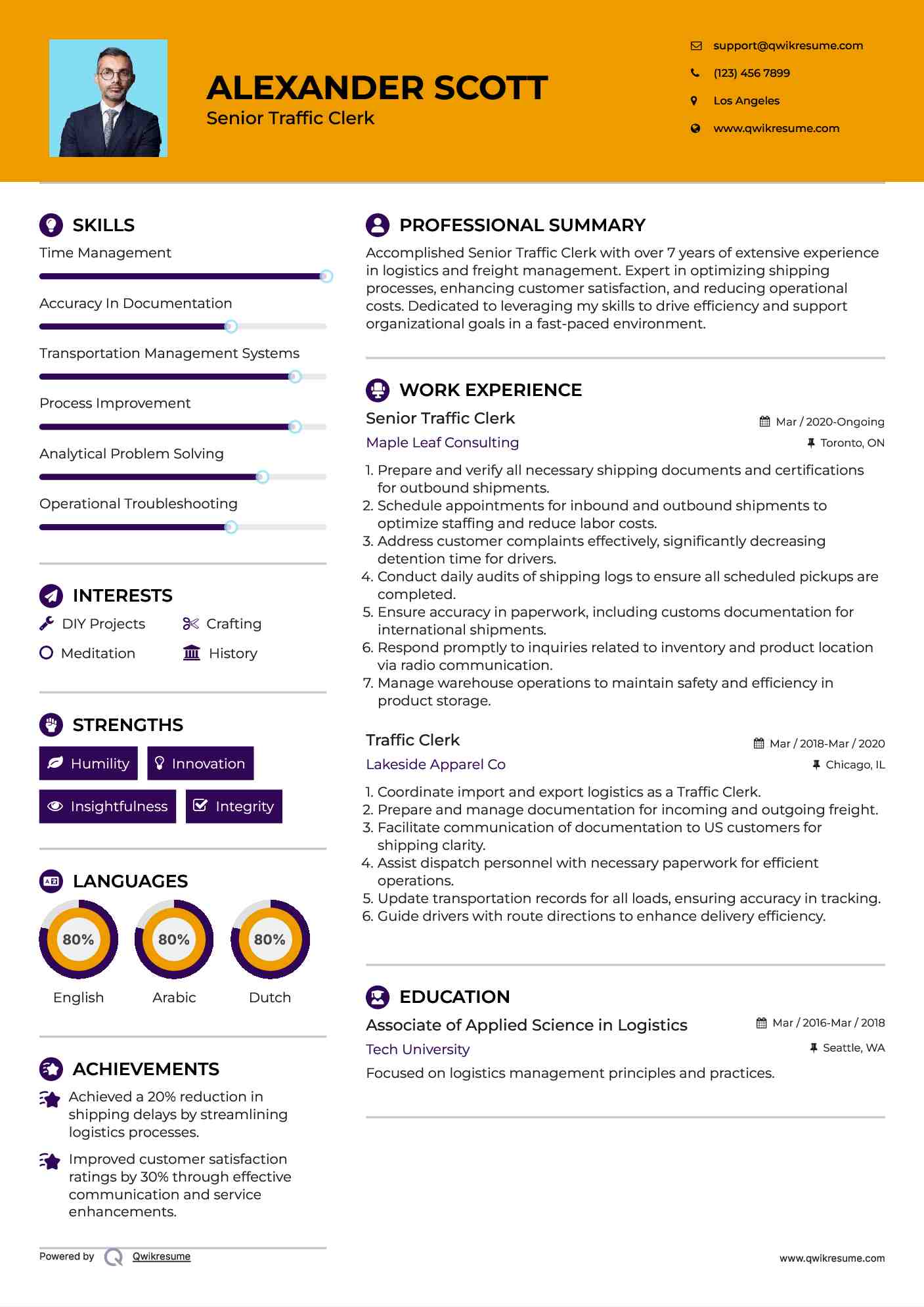 Senior Traffic Clerk Resume Sample