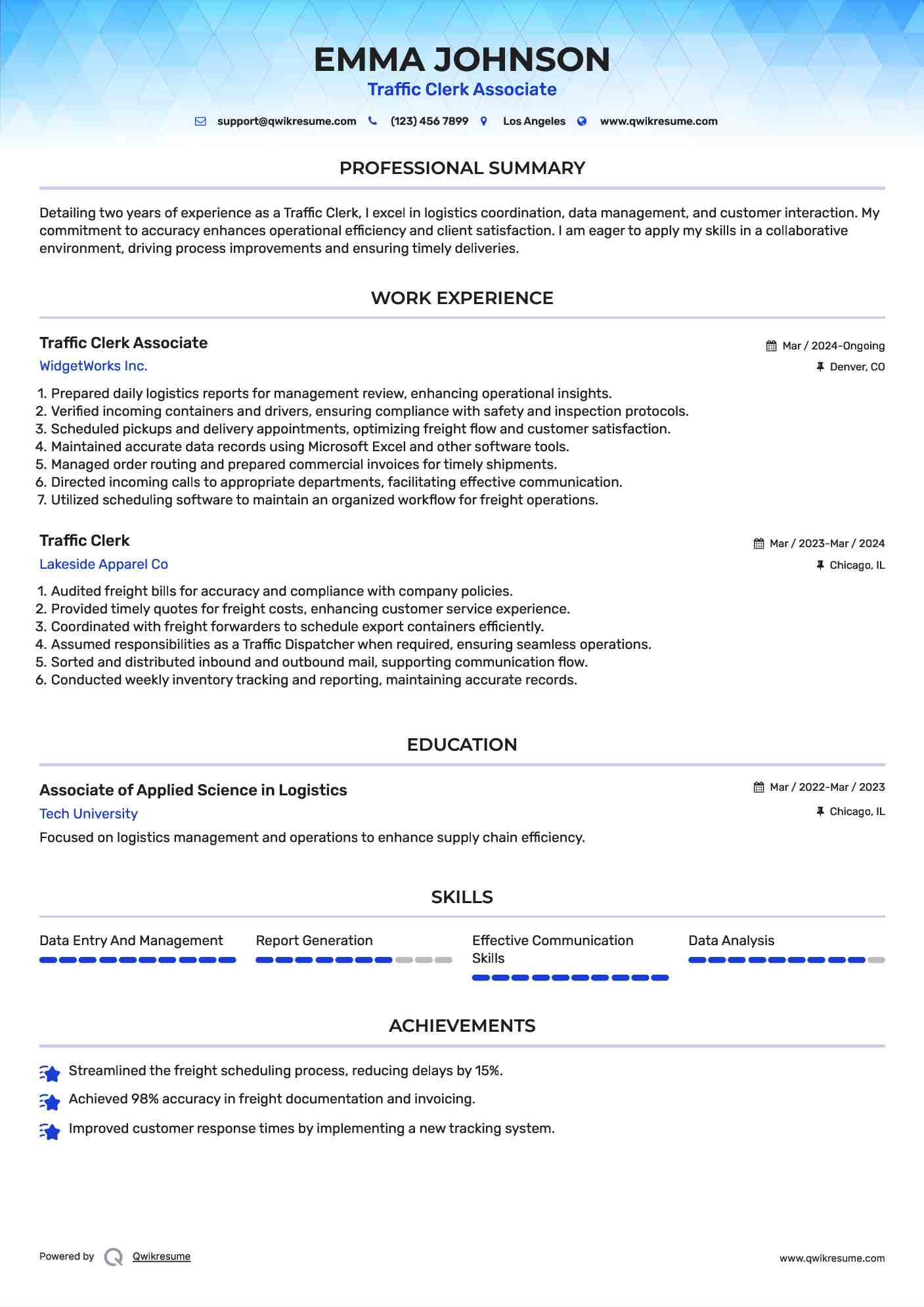 Traffic Clerk Associate Resume Example