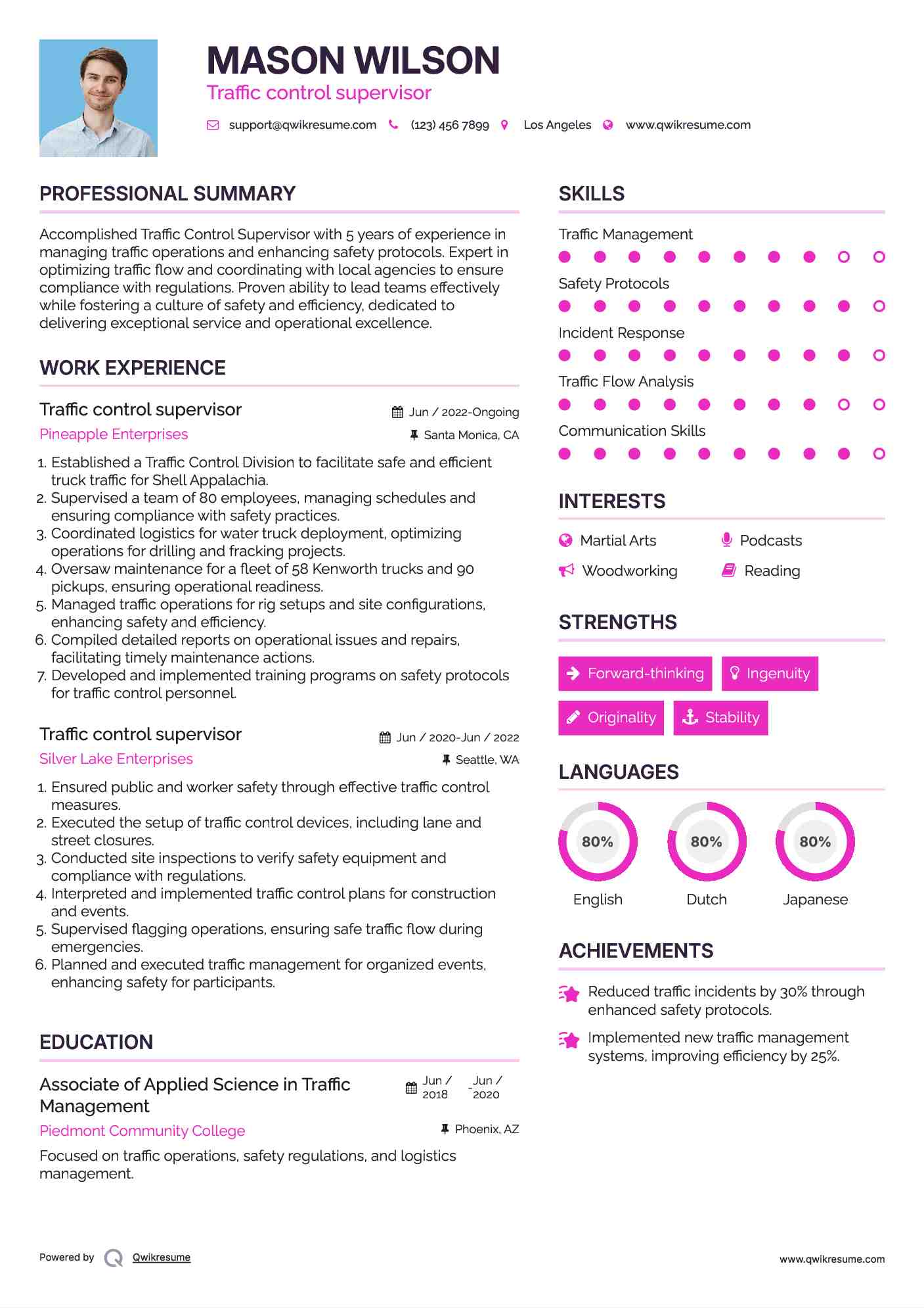 Traffic control supervisor Resume Template