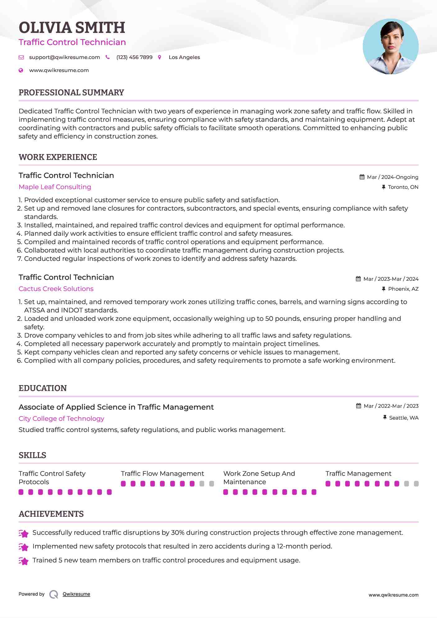 Traffic Control Technician Resume Format
