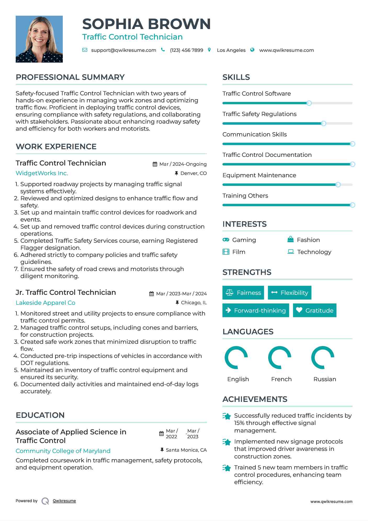 Traffic Control Technician Resume Example