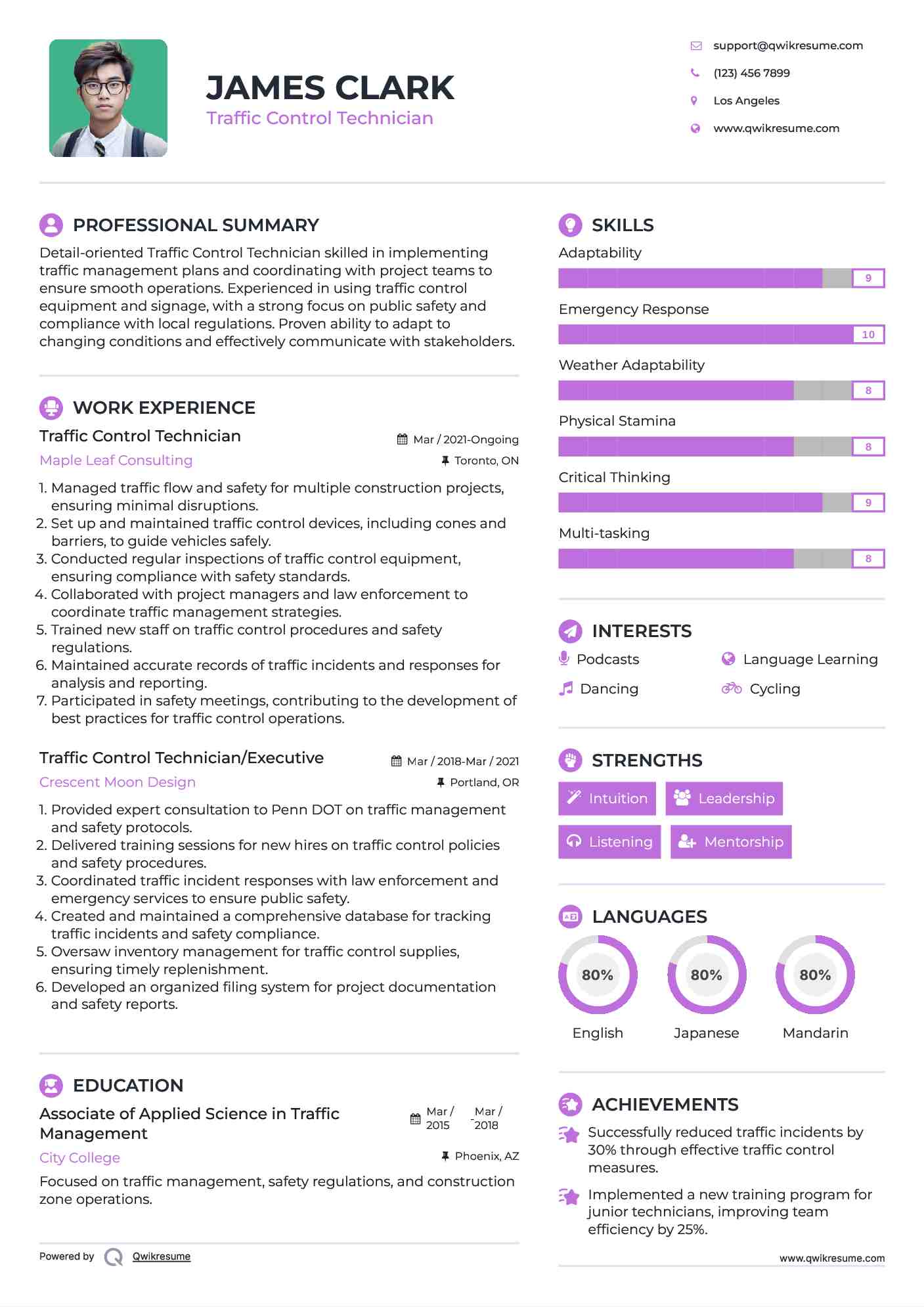 Traffic Control Technician Resume Sample