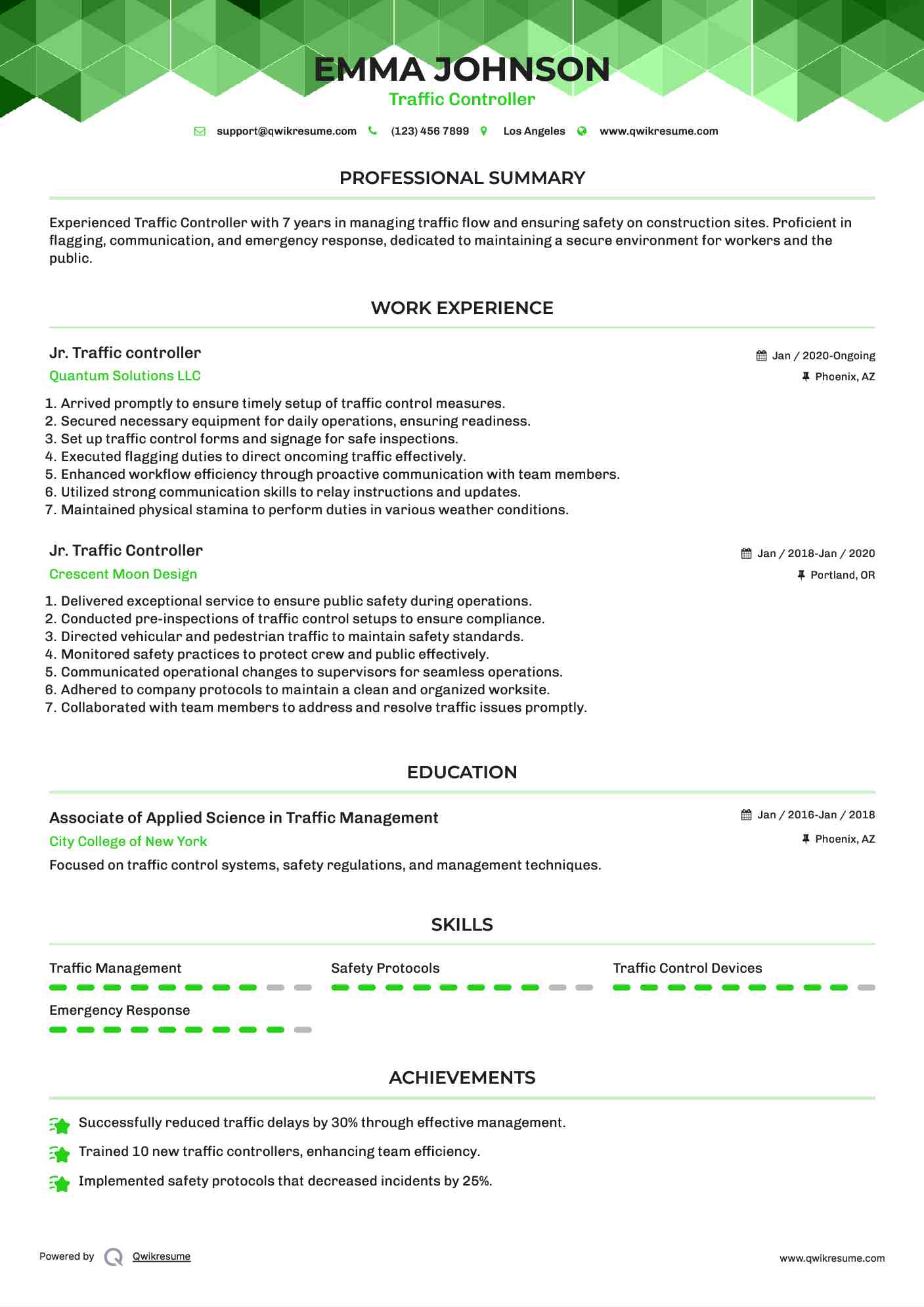 Jr. Traffic controller Resume Example