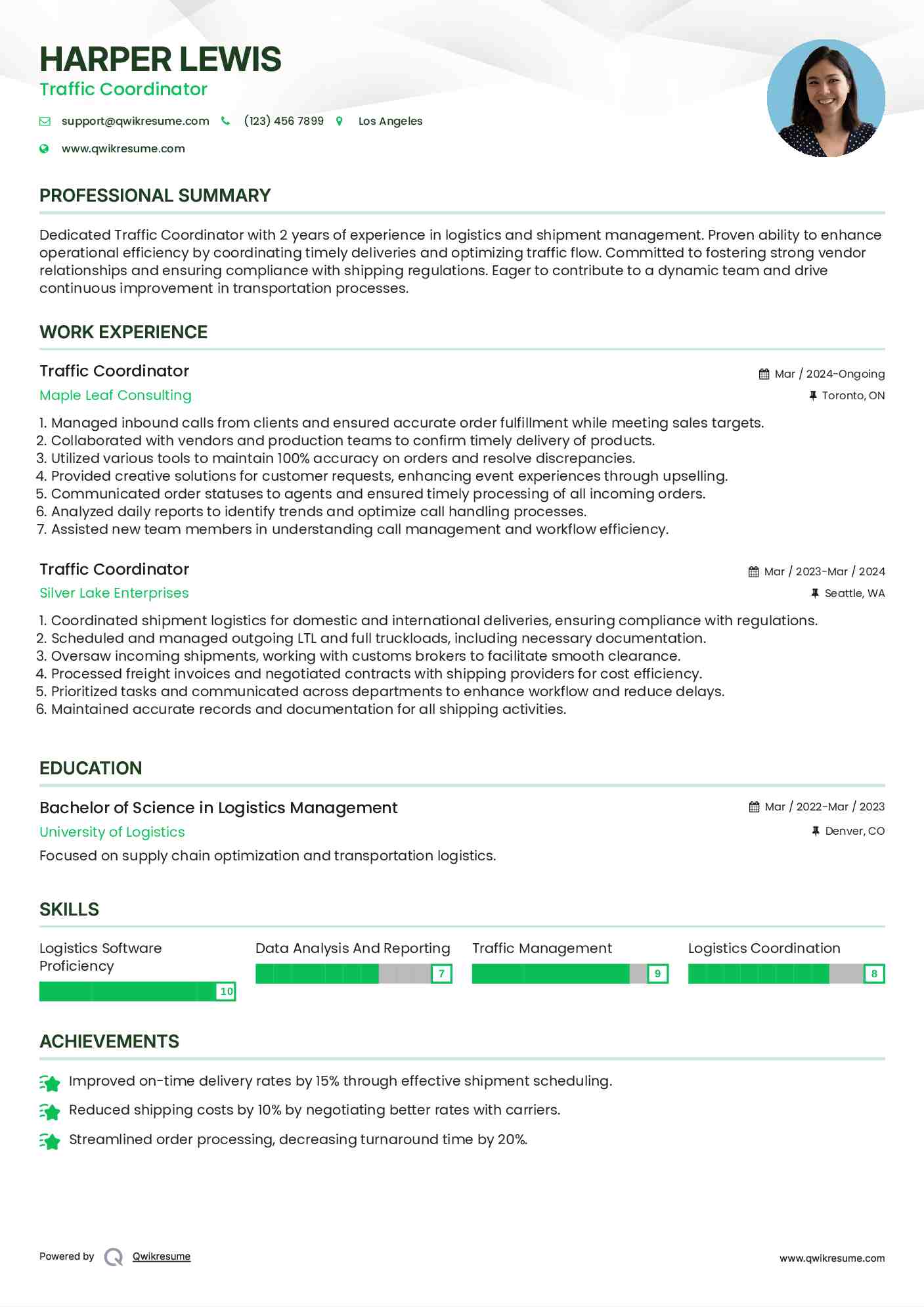 Traffic Coordinator Resume Template