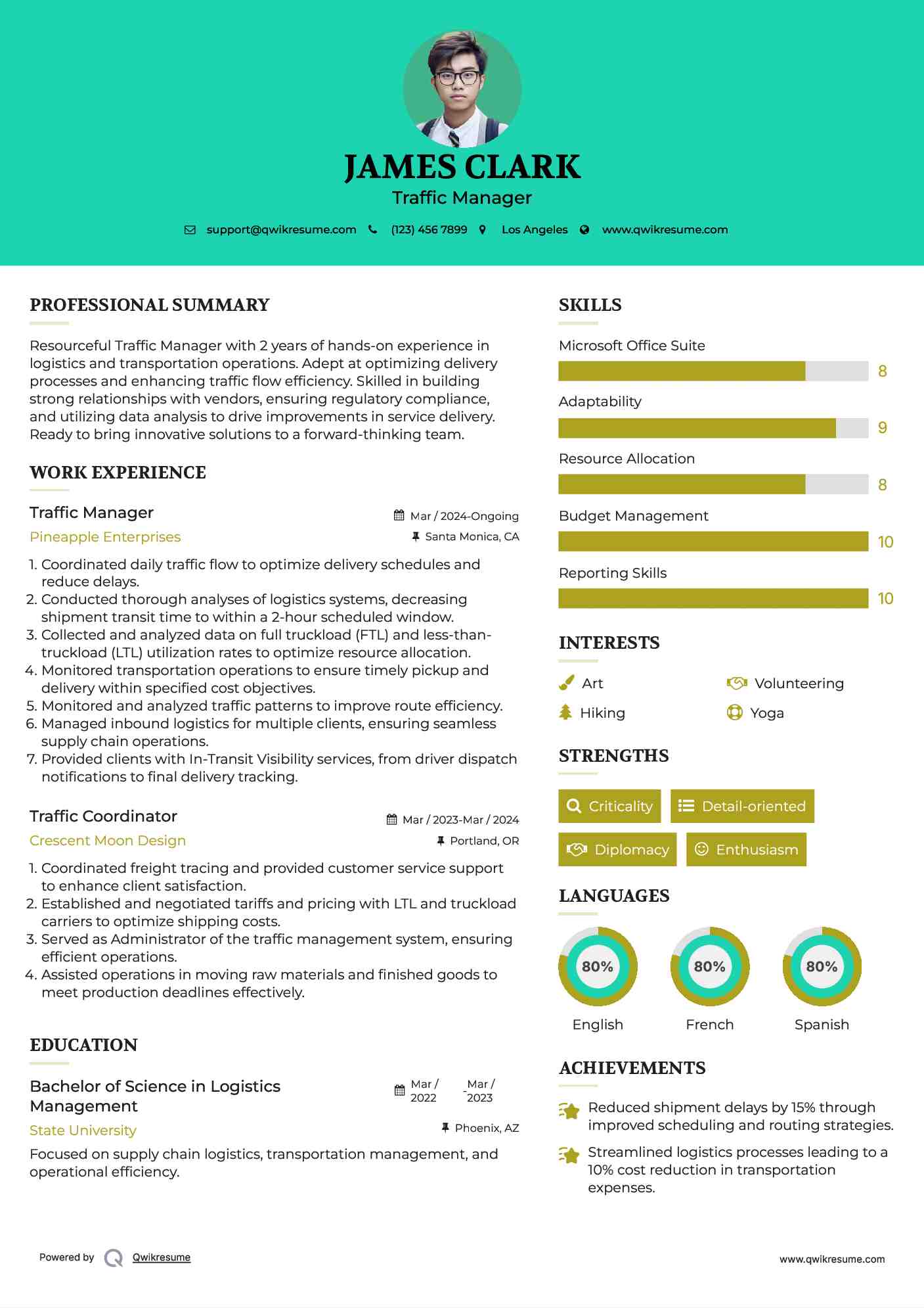Traffic Manager Resume Example