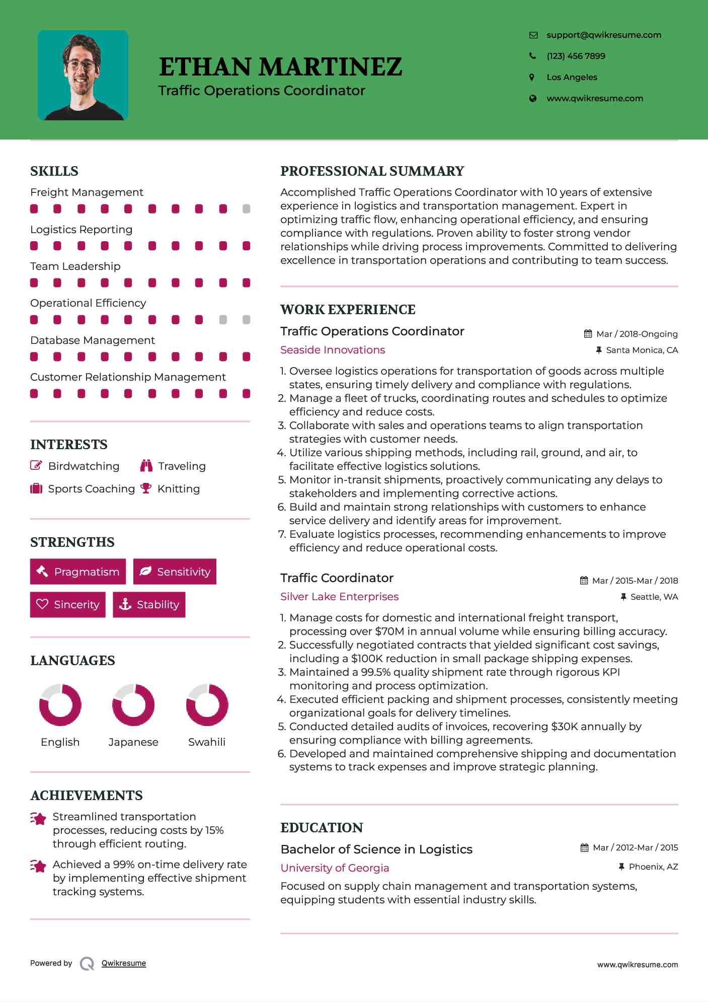 Traffic Operations Coordinator Resume Template