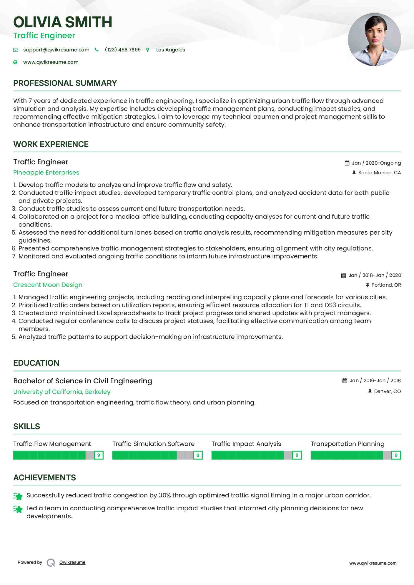 Traffic Engineer Resume Example