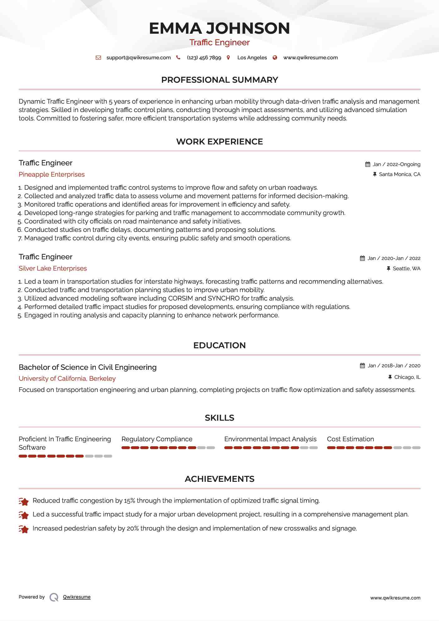 Traffic Engineer Resume Format