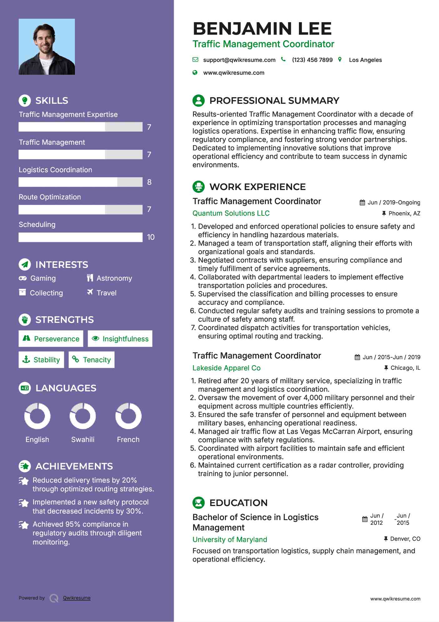 Traffic Management Coordinator Resume Format
