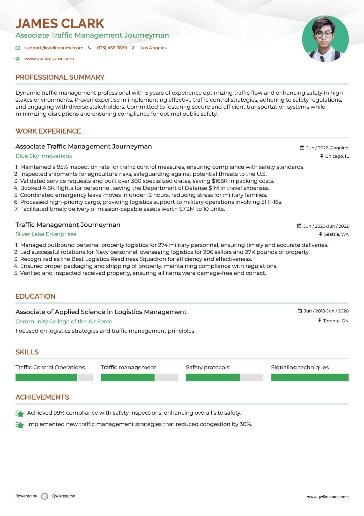 Associate Traffic Management Journeyman Resume Example