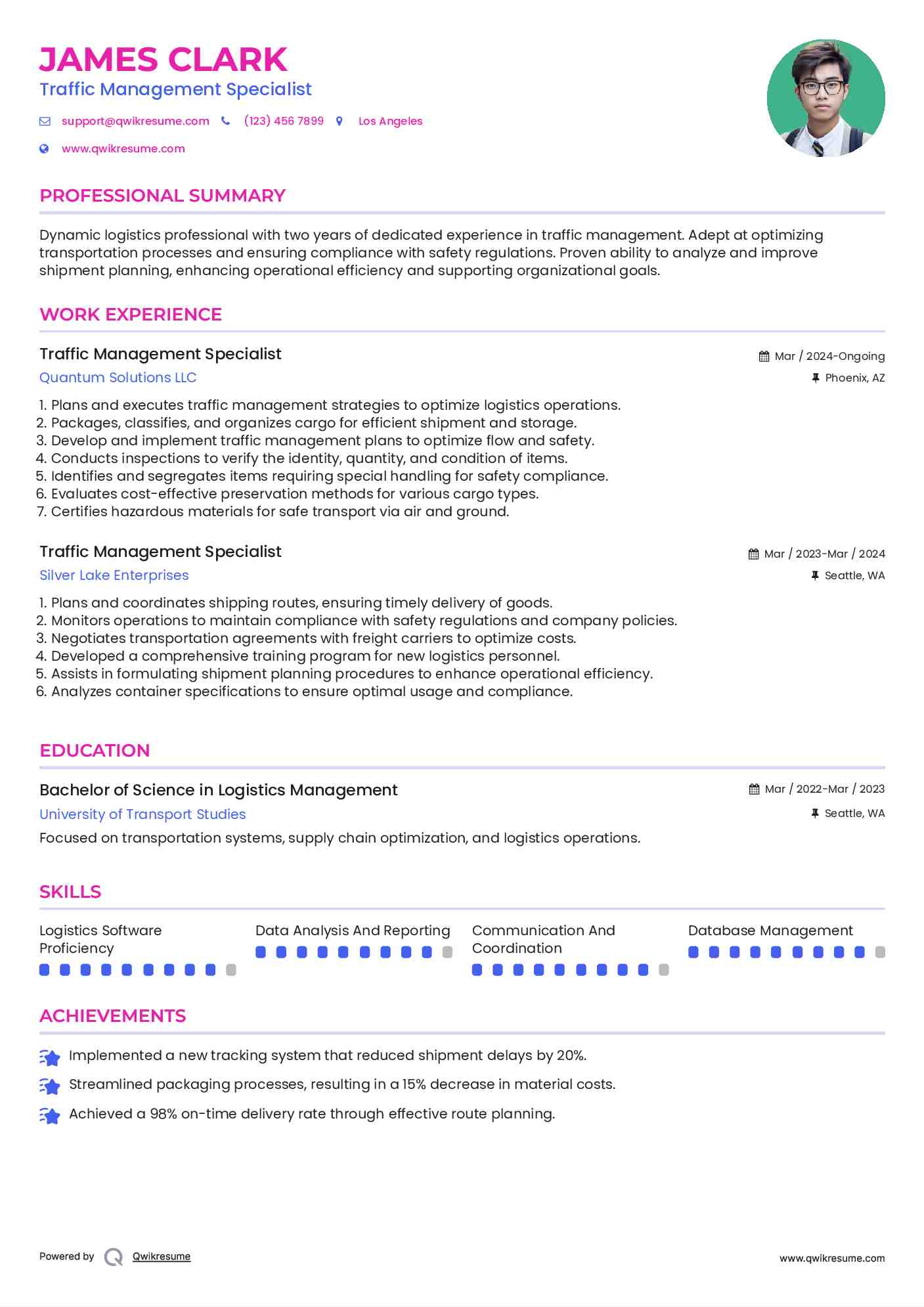 Traffic Management Specialist Resume Template
