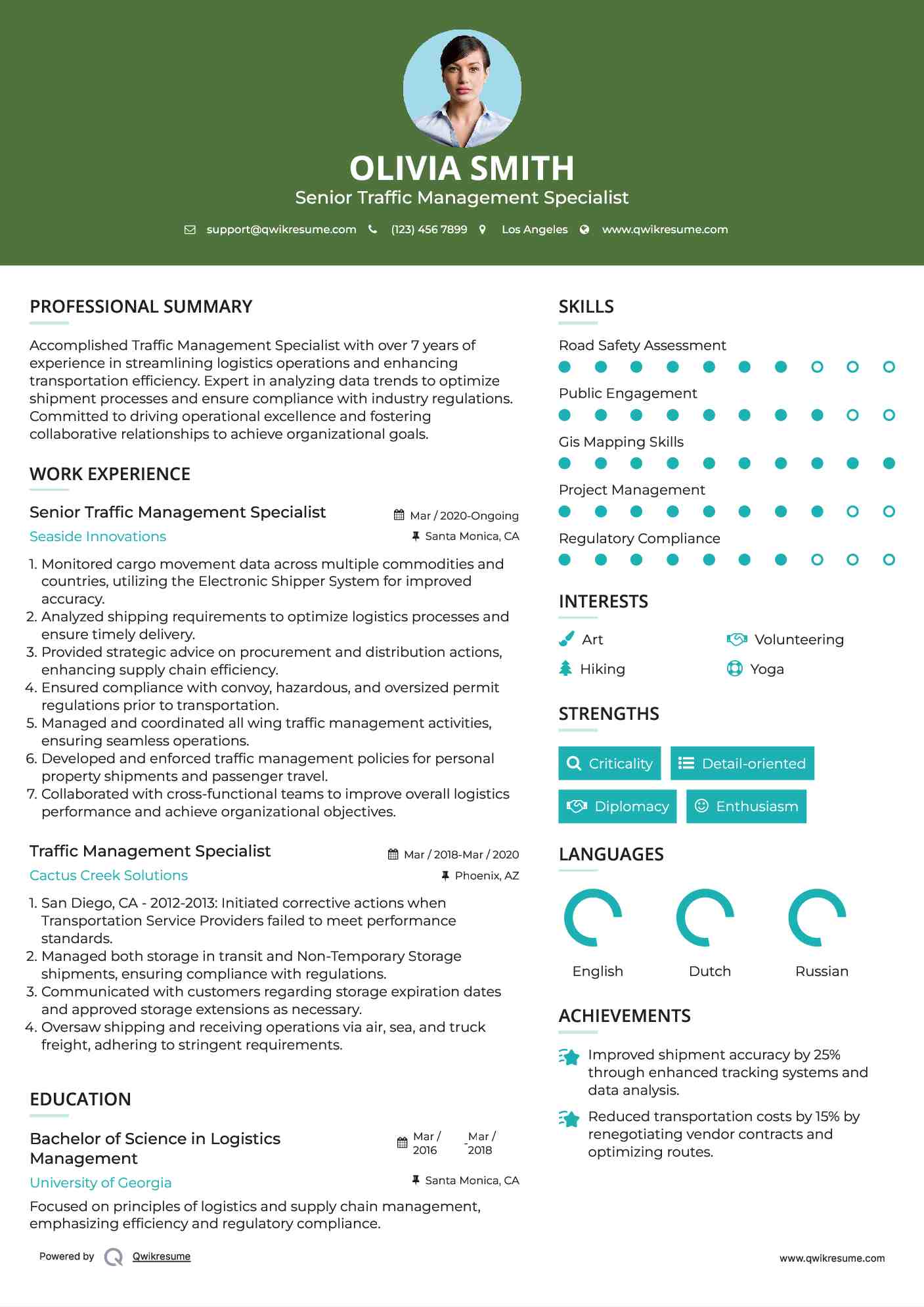 Senior Traffic Management Specialist Resume Sample