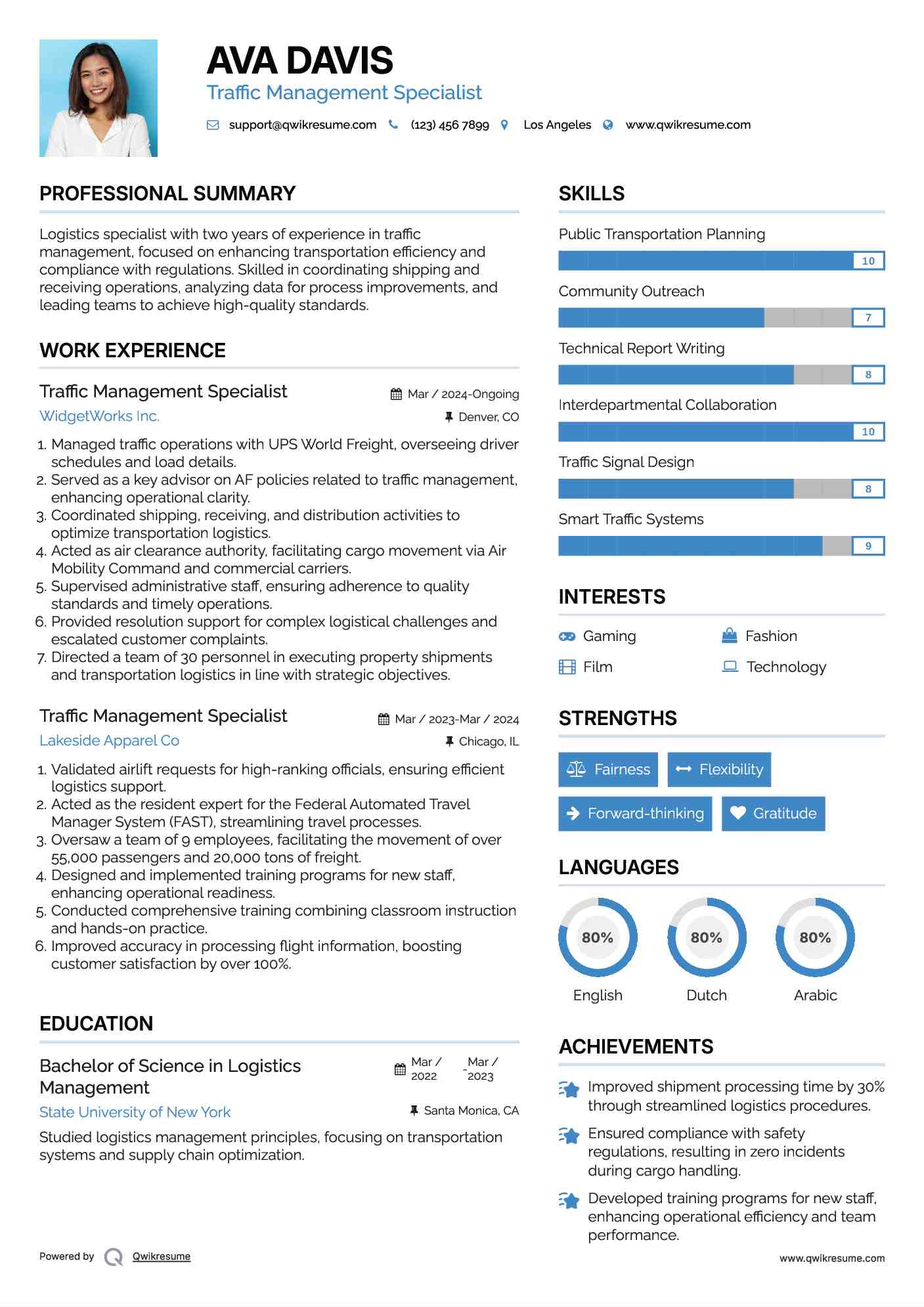Traffic Management Specialist Resume Example