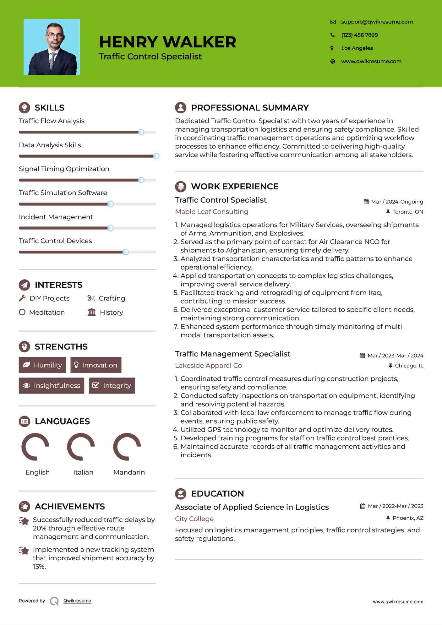 Traffic Control Specialist Resume Sample