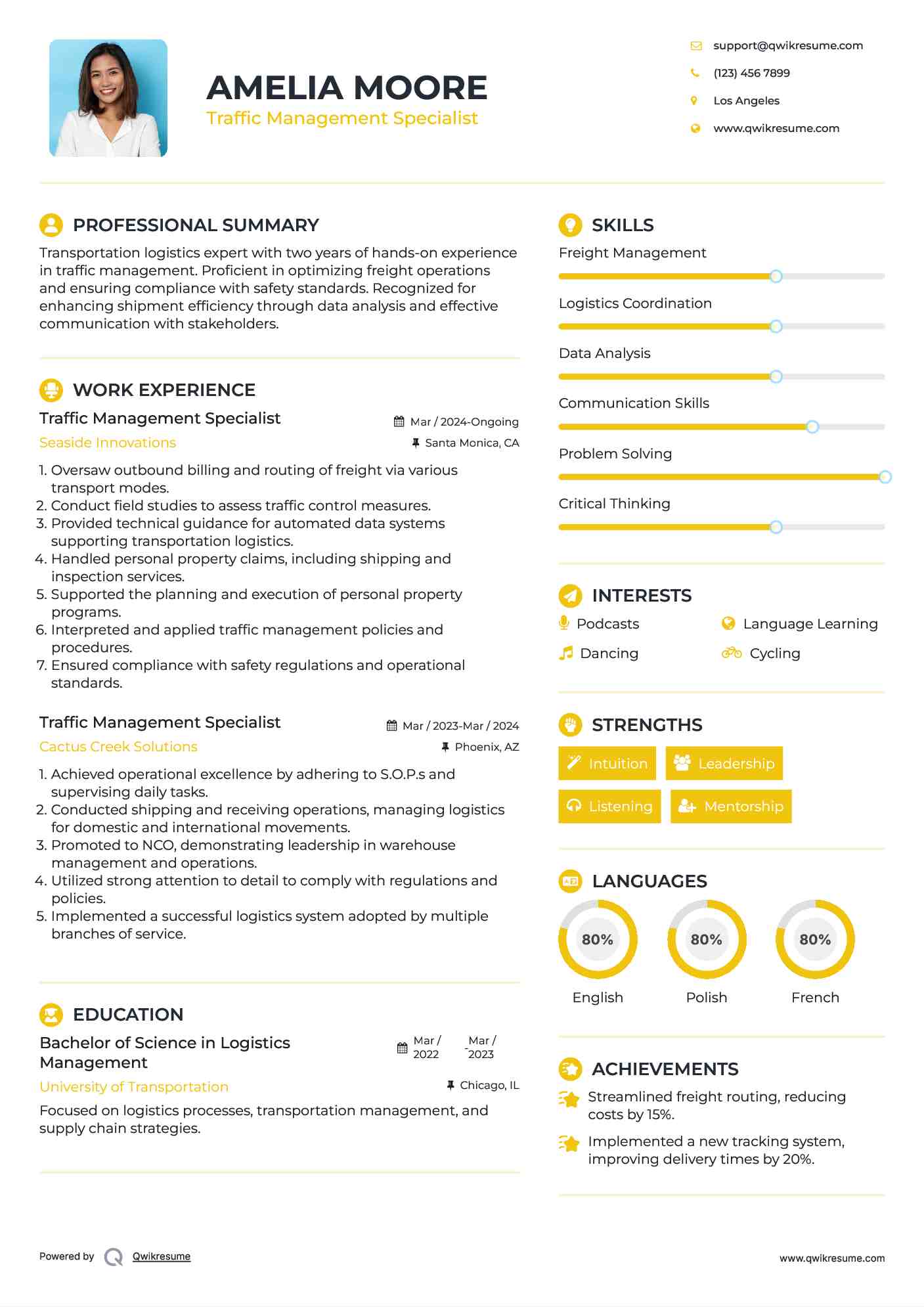 Traffic Management Specialist Resume Template