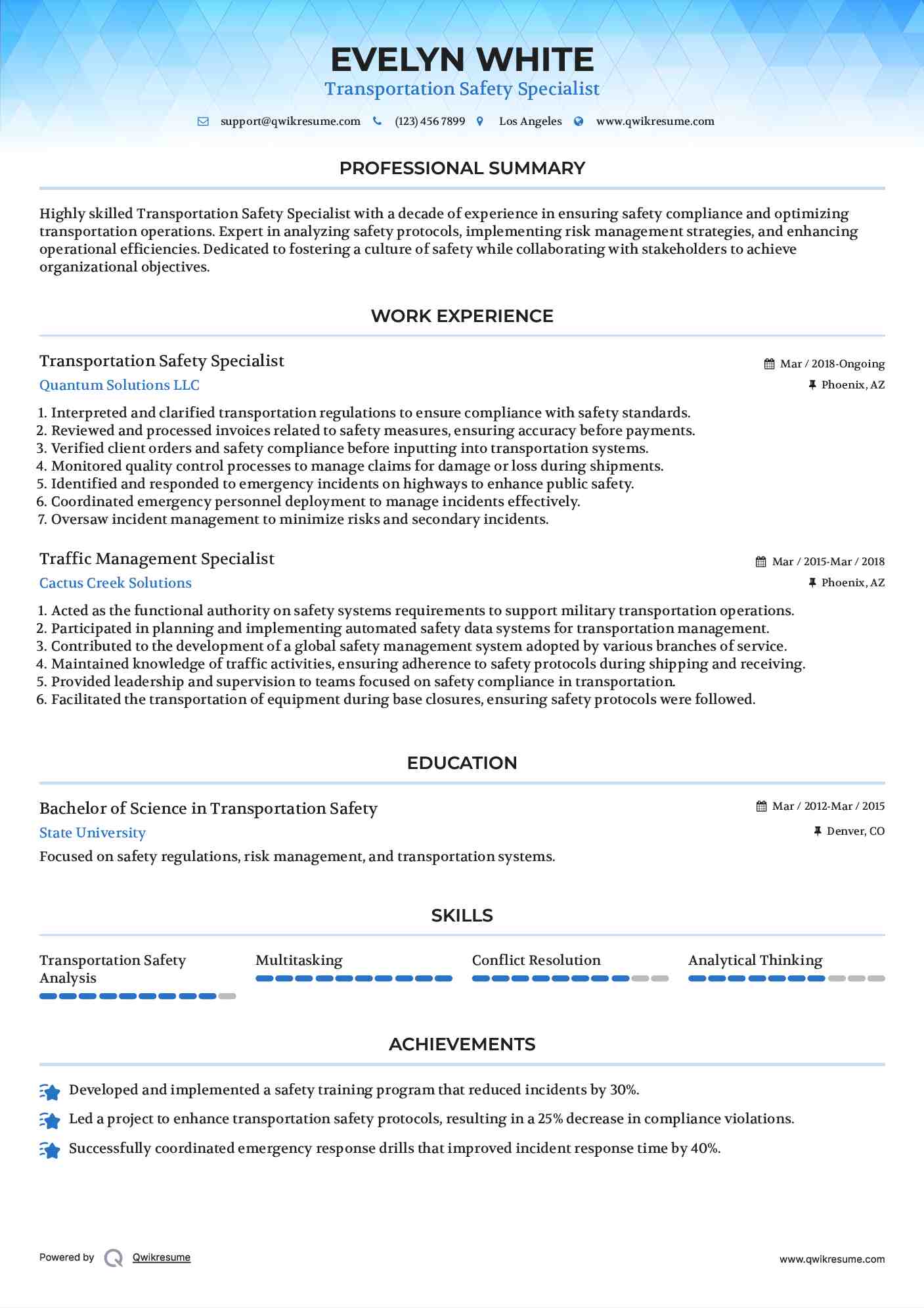 Transportation Safety Specialist Resume Template