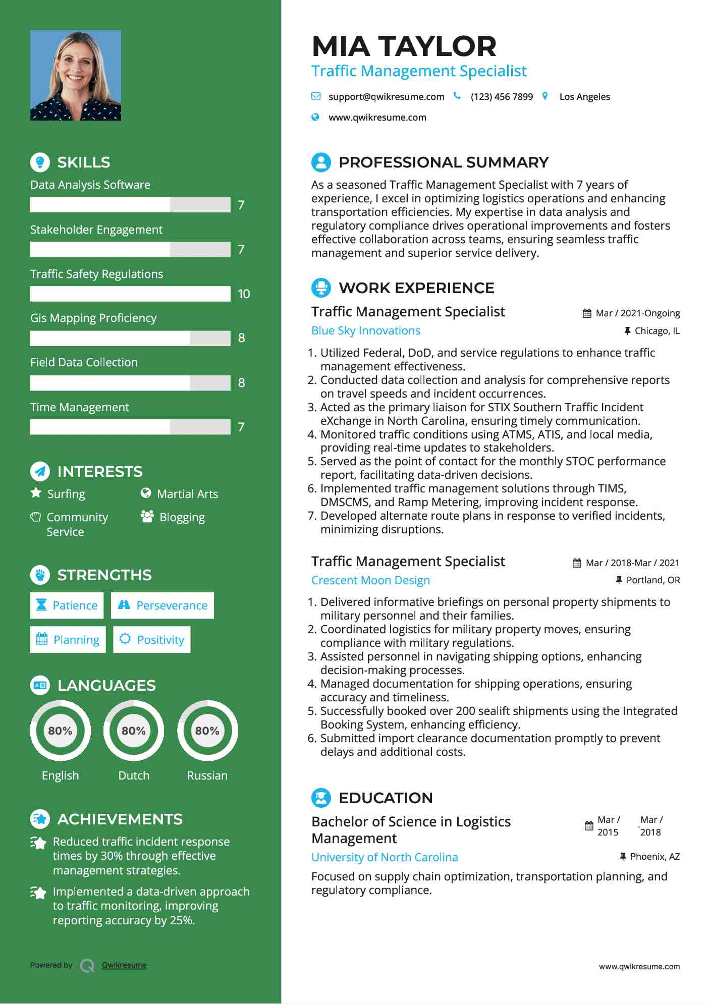 Traffic Management Specialist Resume Example