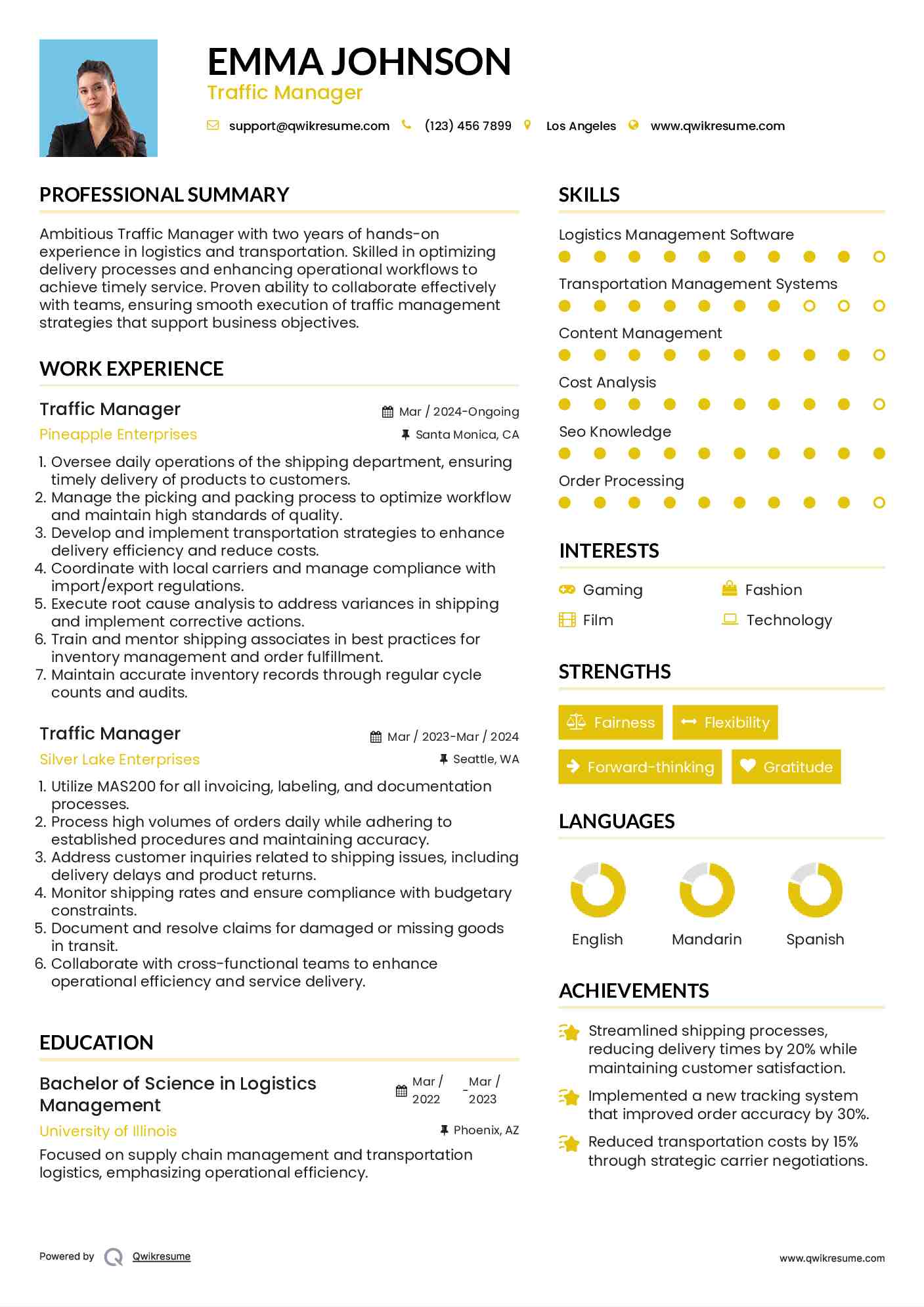 Traffic Manager Resume Model