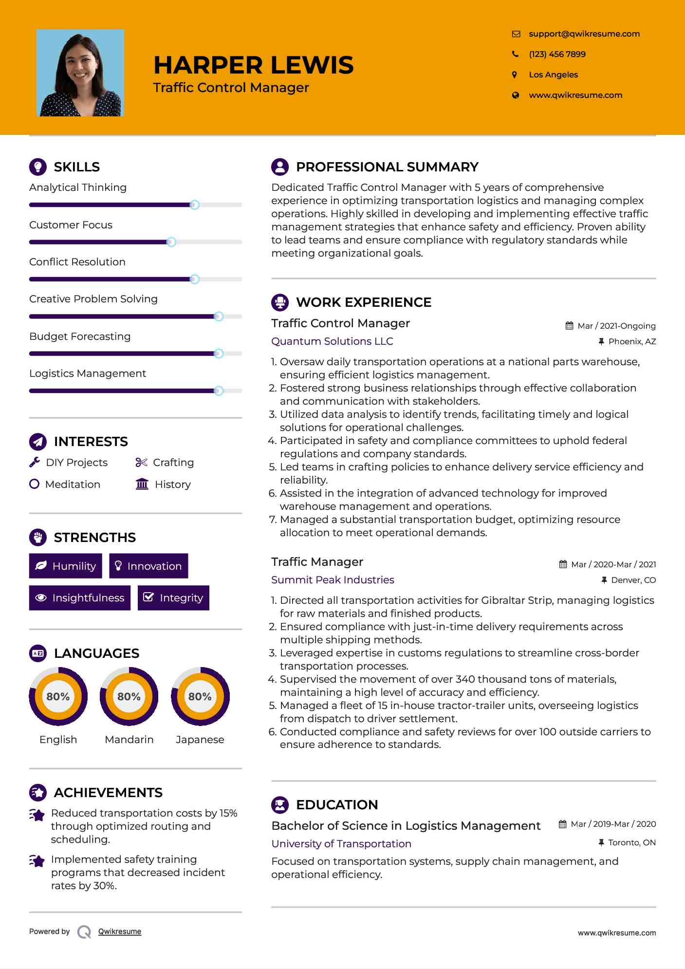 Traffic Control Manager Resume Example