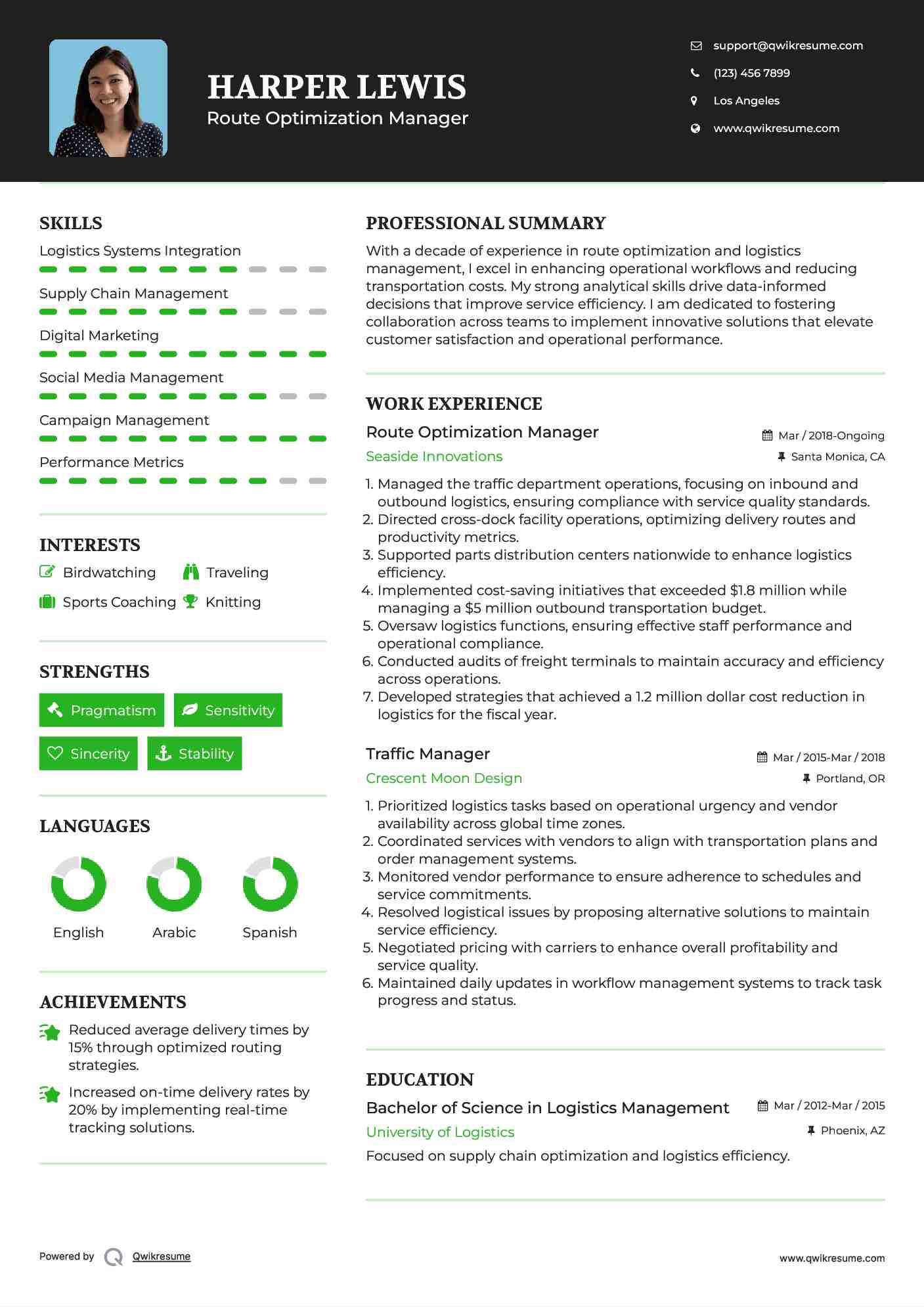 Route Optimization Manager Resume Template