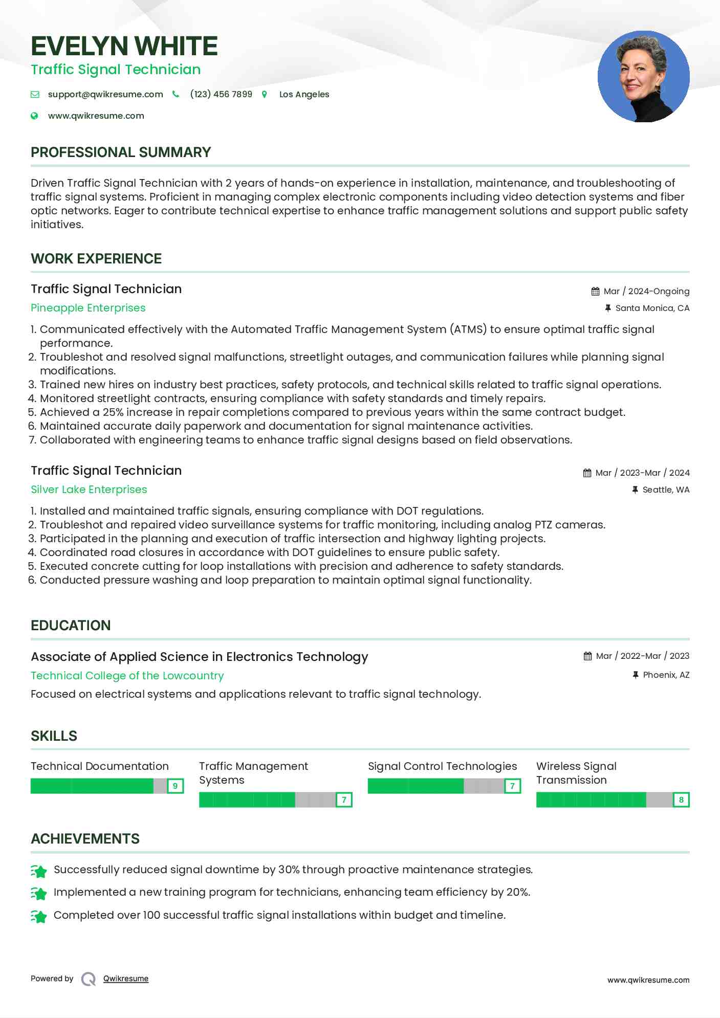 Traffic Signal Technician Resume Sample
