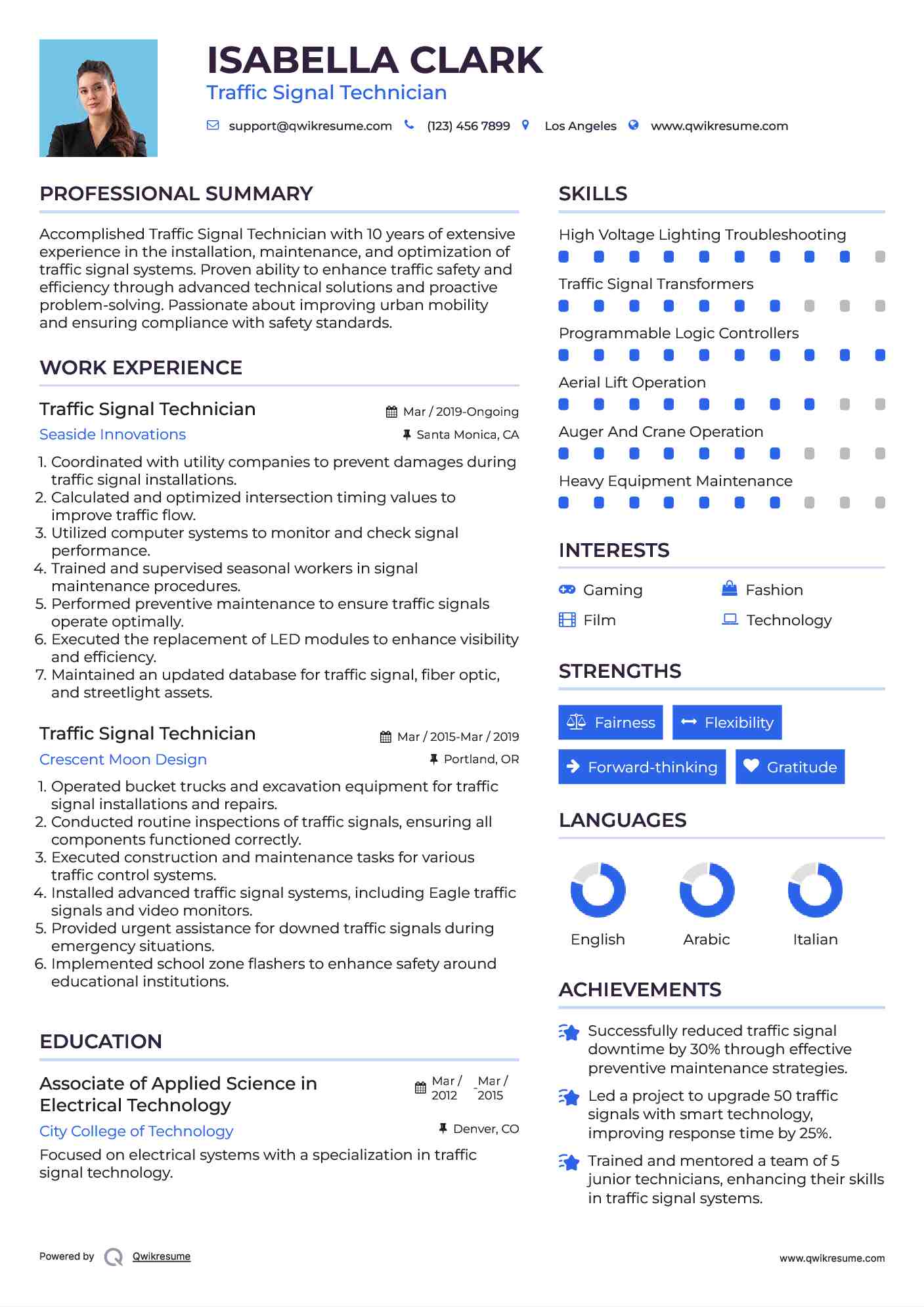 Traffic Signal Technician Resume Example