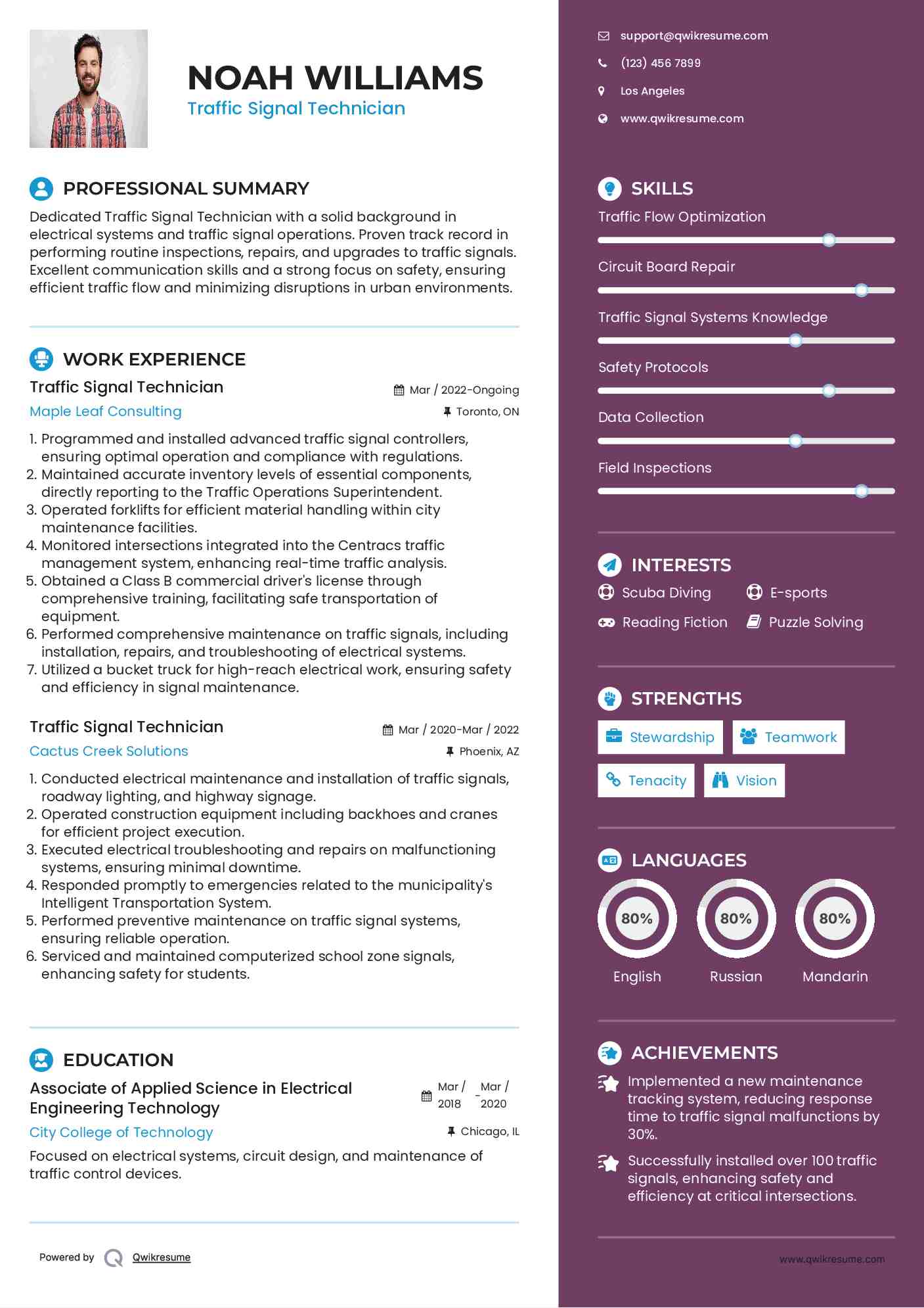 Traffic Signal Technician Resume Sample
