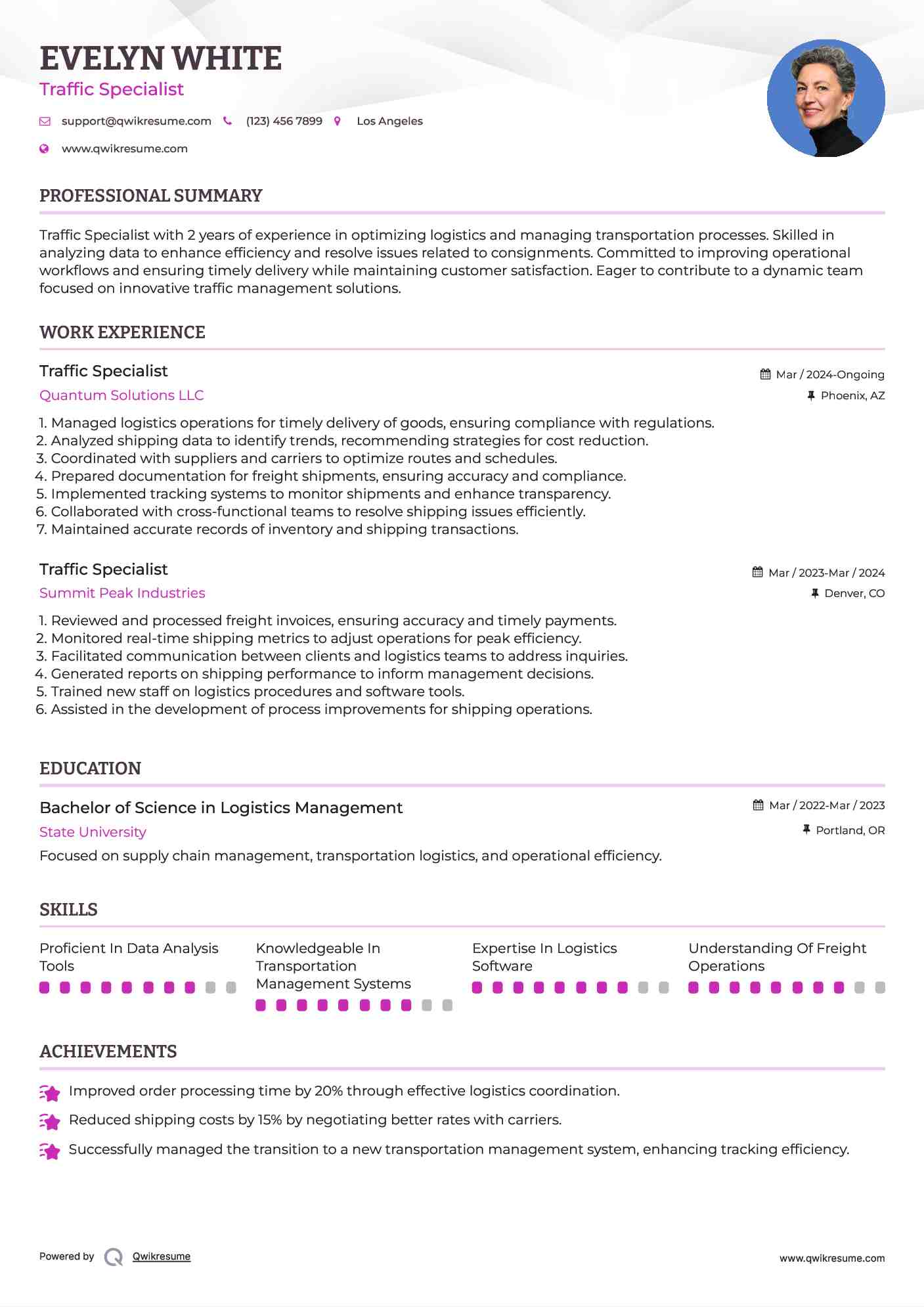 Traffic Specialist Resume Example