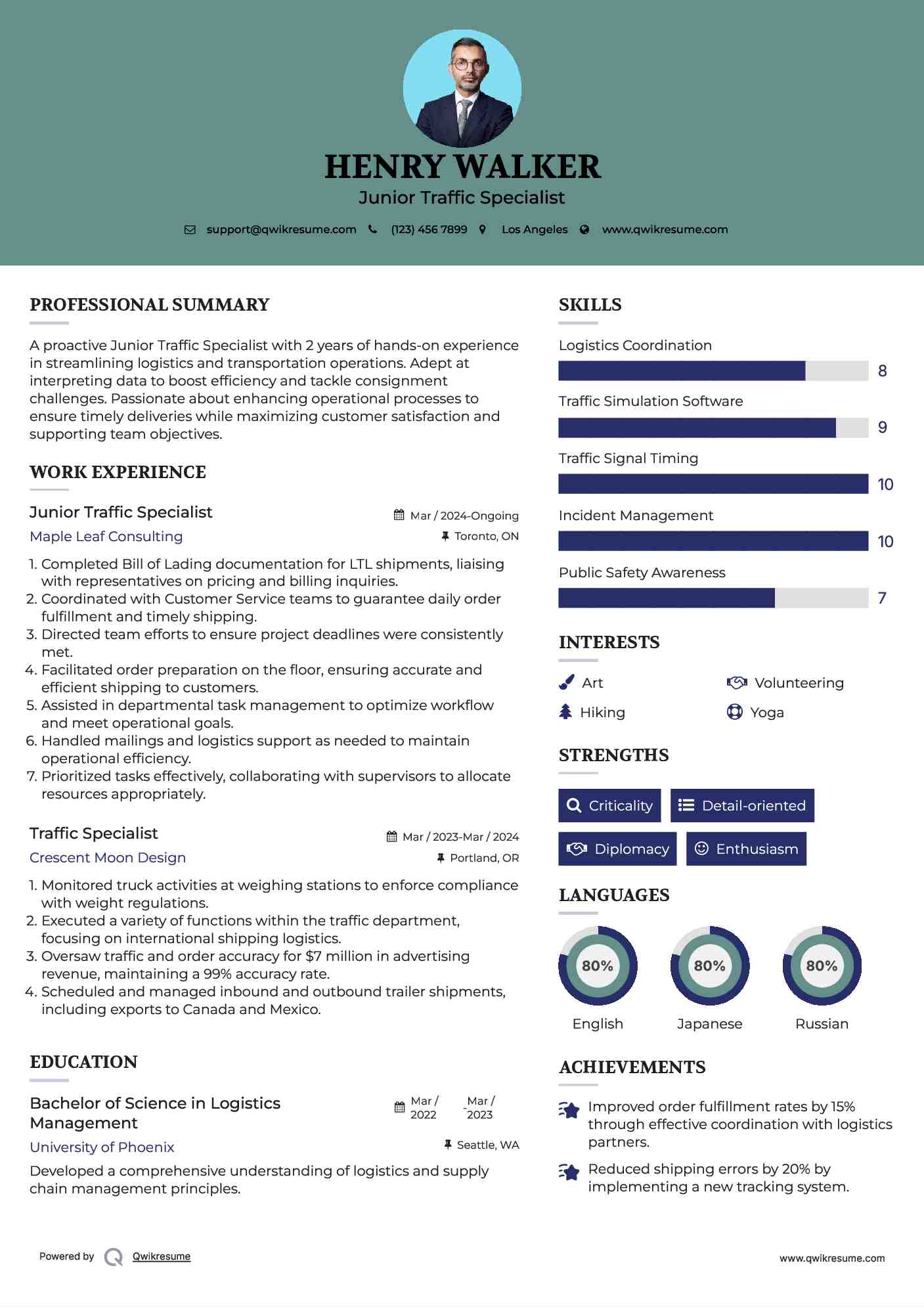 Junior Traffic Specialist Resume Model
