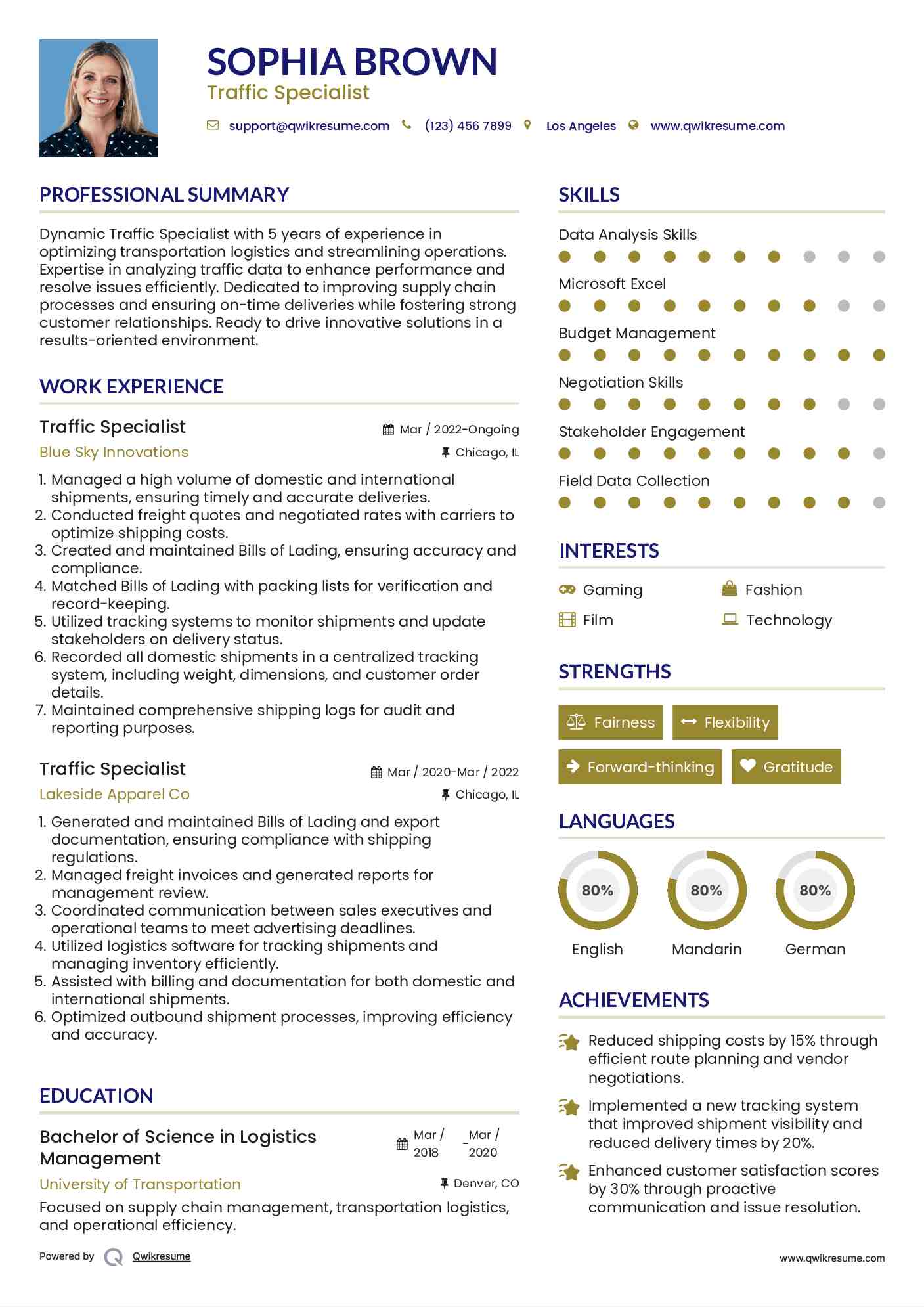 Traffic Specialist Resume Sample