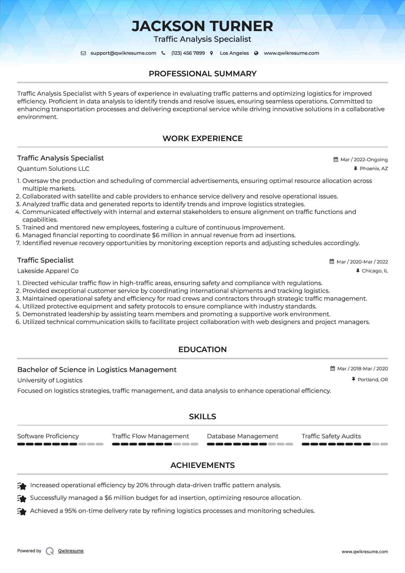 Traffic Analysis Specialist Resume Example
