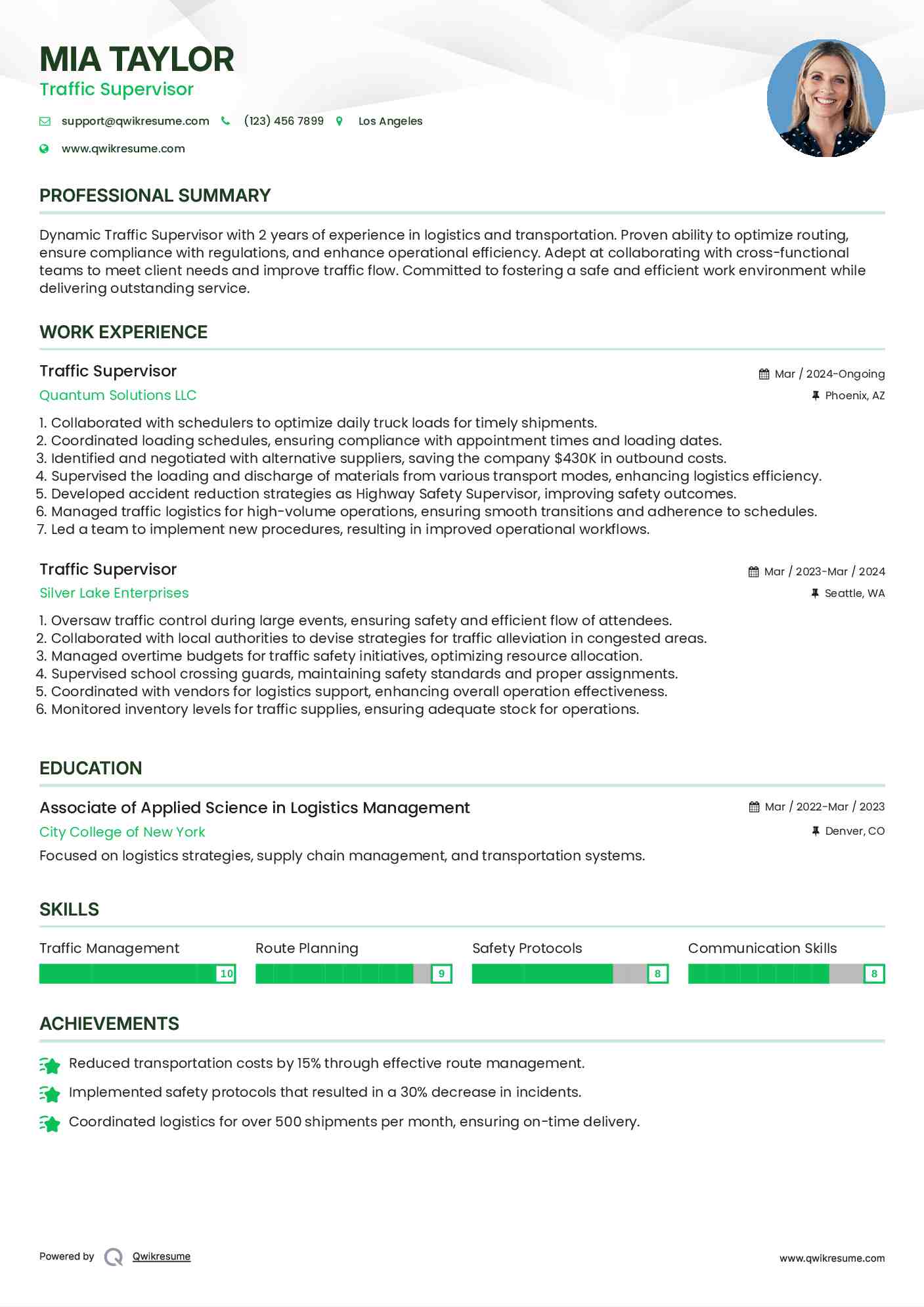 Traffic Supervisor Resume Format