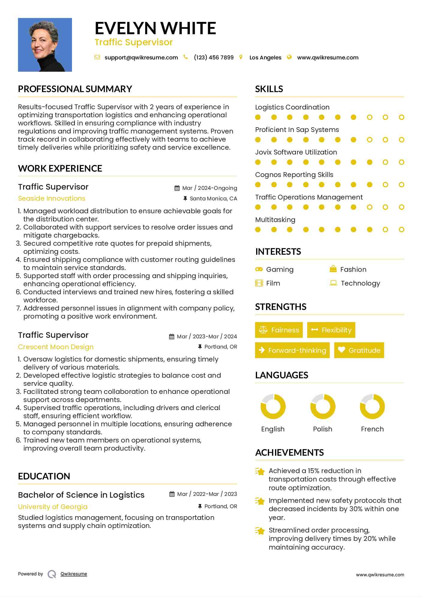 Traffic Supervisor Resume Sample