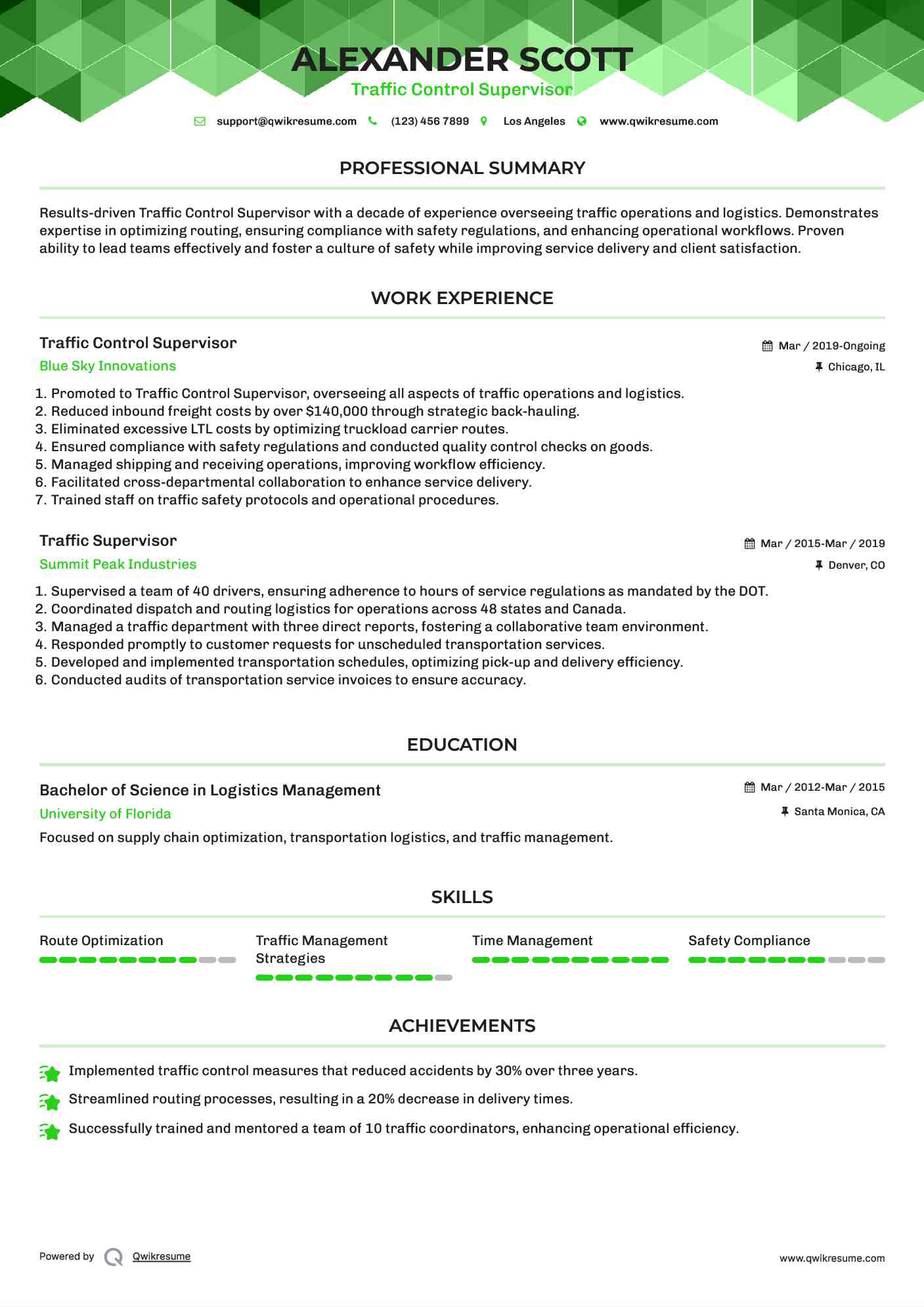 Traffic Control Supervisor Resume Template
