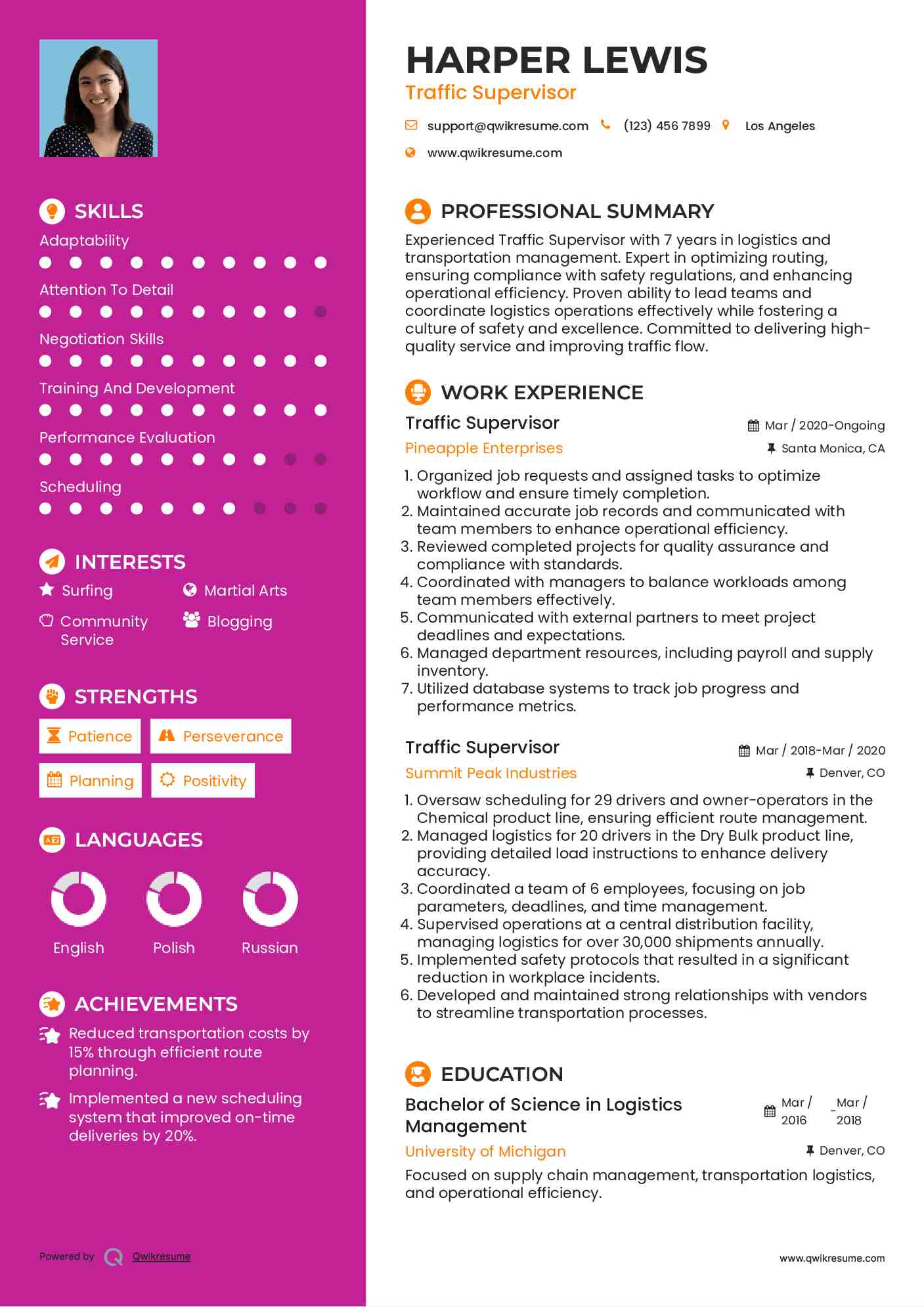 Traffic Supervisor Resume Example