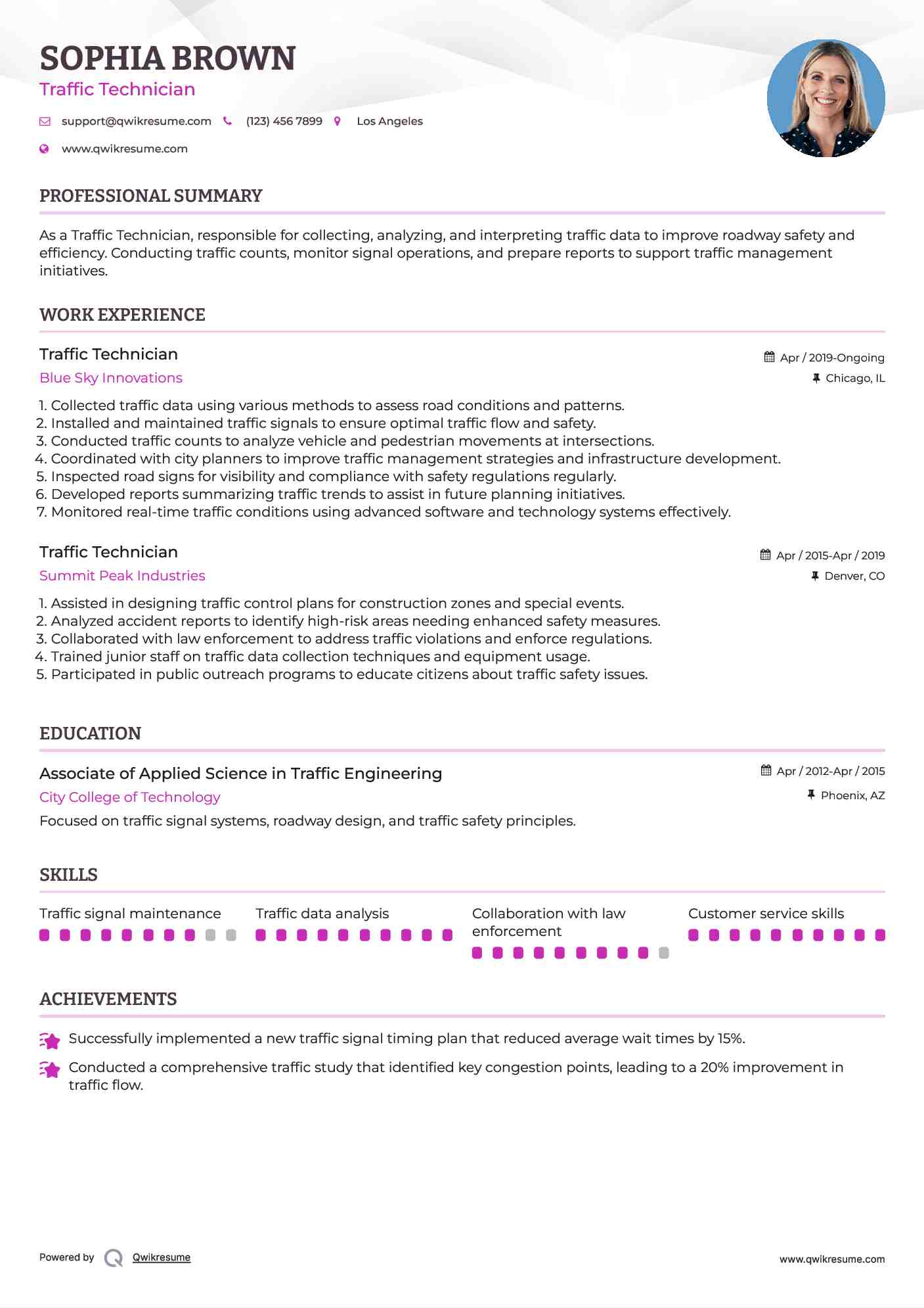 Traffic Technician Resume Sample